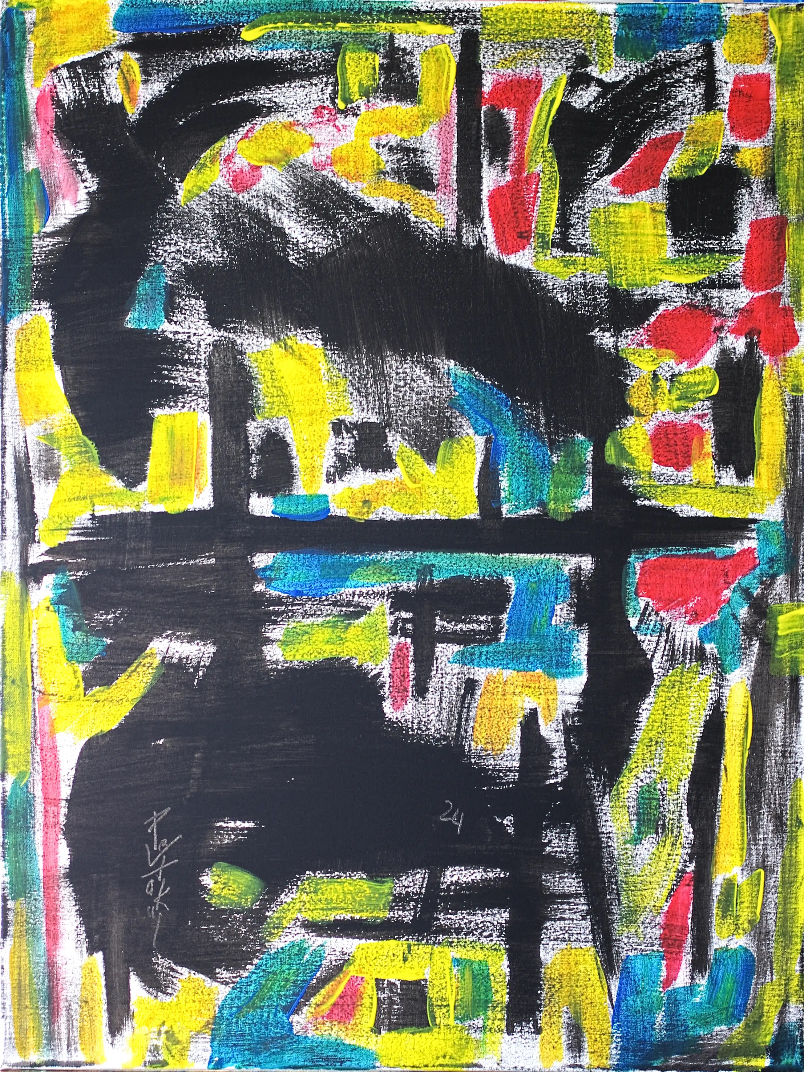 L'arrière-plan de cette peinture est constitué de nombreuses petites sections de couleur jaune, bleue, rouge et noire. Les sections rouges sont situées dans le coin supérieur droit du tableau, tandis que les sections bleues sont dispersées presque partout sur la surface. Le jaune domine l'arrière-plan. Détachés de l'arrière-plan, nous voyons deux + attachés verticalement au centre et des formes noires qui semblent glisser vers le côté gauche de la composition.