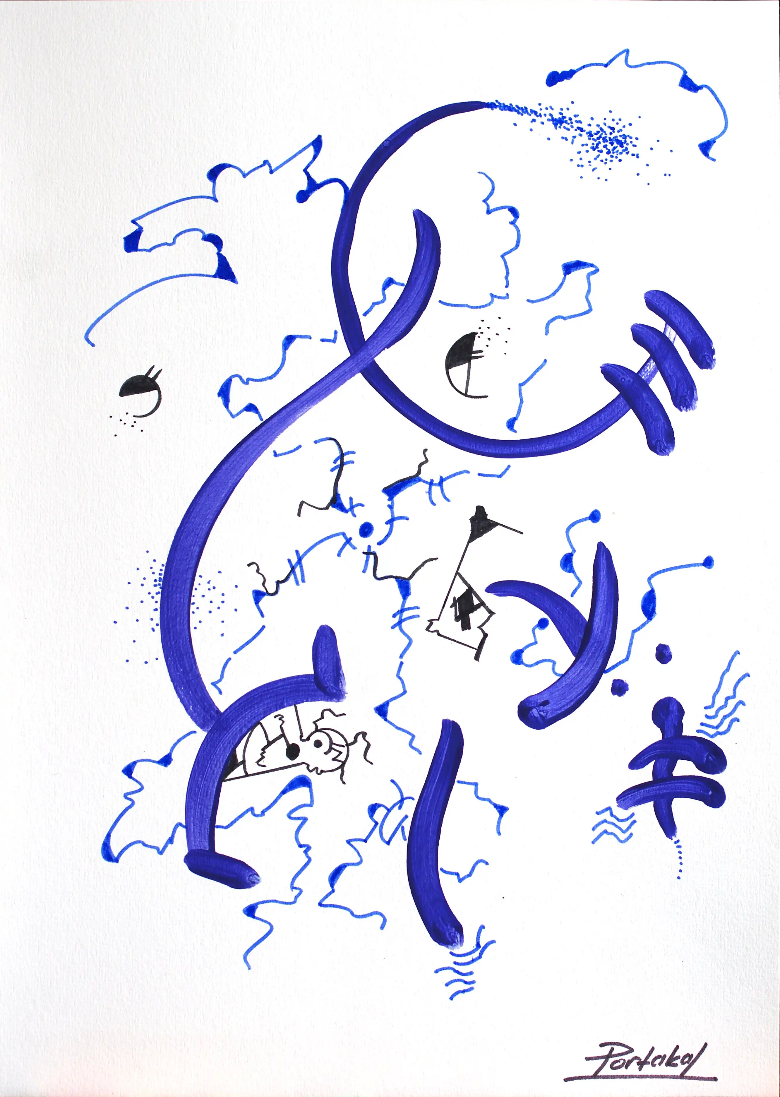 Il s'agit d'un dessin vertical réalisé à la gouache bleue. Dans le coin supérieur droit, il y a un demi-cercle avec trois tirets.  Une ligne formant un « S » s'étend vers le bas et à son extrémité se trouve une autre ligne en forme de croissant. D'autres lignes courtes sont placées sur le côté droit de la composition. Il s'agit d'un dessin étrange et beau, complété par de nombreuses lignes de formes diverses dispersées sur la quasi-totalité de la surface. Ornez fièrement vos précieux investissements de ma signature distinguée. 