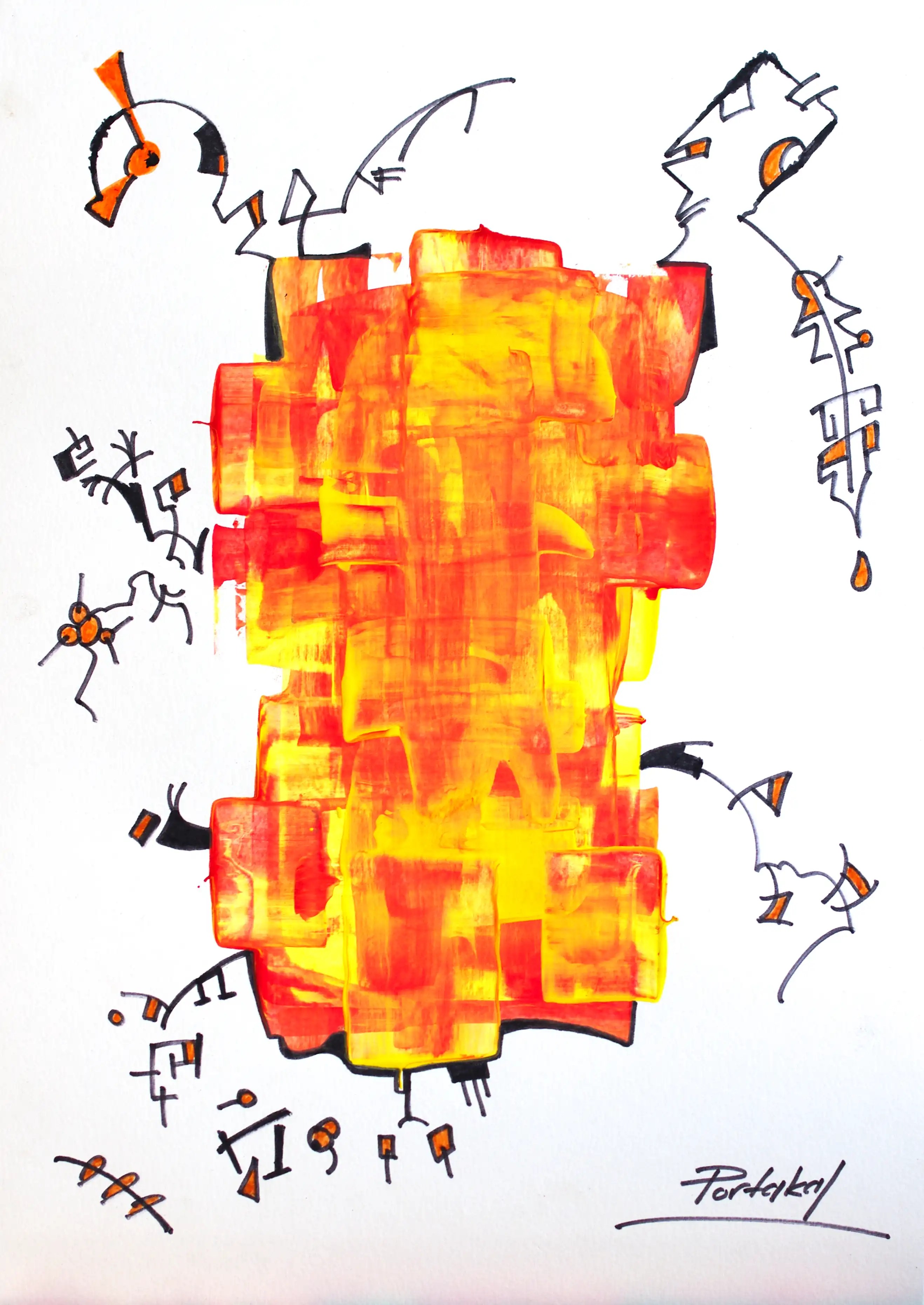 Il s'agit d'un dessin à l'acrylique, composé principalement d'un seul bloc vertical irrégulier avec de l'orange et du jaune au centre. À partir du bloc, une dizaine de lignes courbes bien travaillées sont réparties dans toutes les directions au moyen d'un marqueur. Des intérieurs uniques, des œuvres d'art uniques. Traitez bien votre argent et esthétisez-le. Investissez maintenant et faites fructifier votre argent.