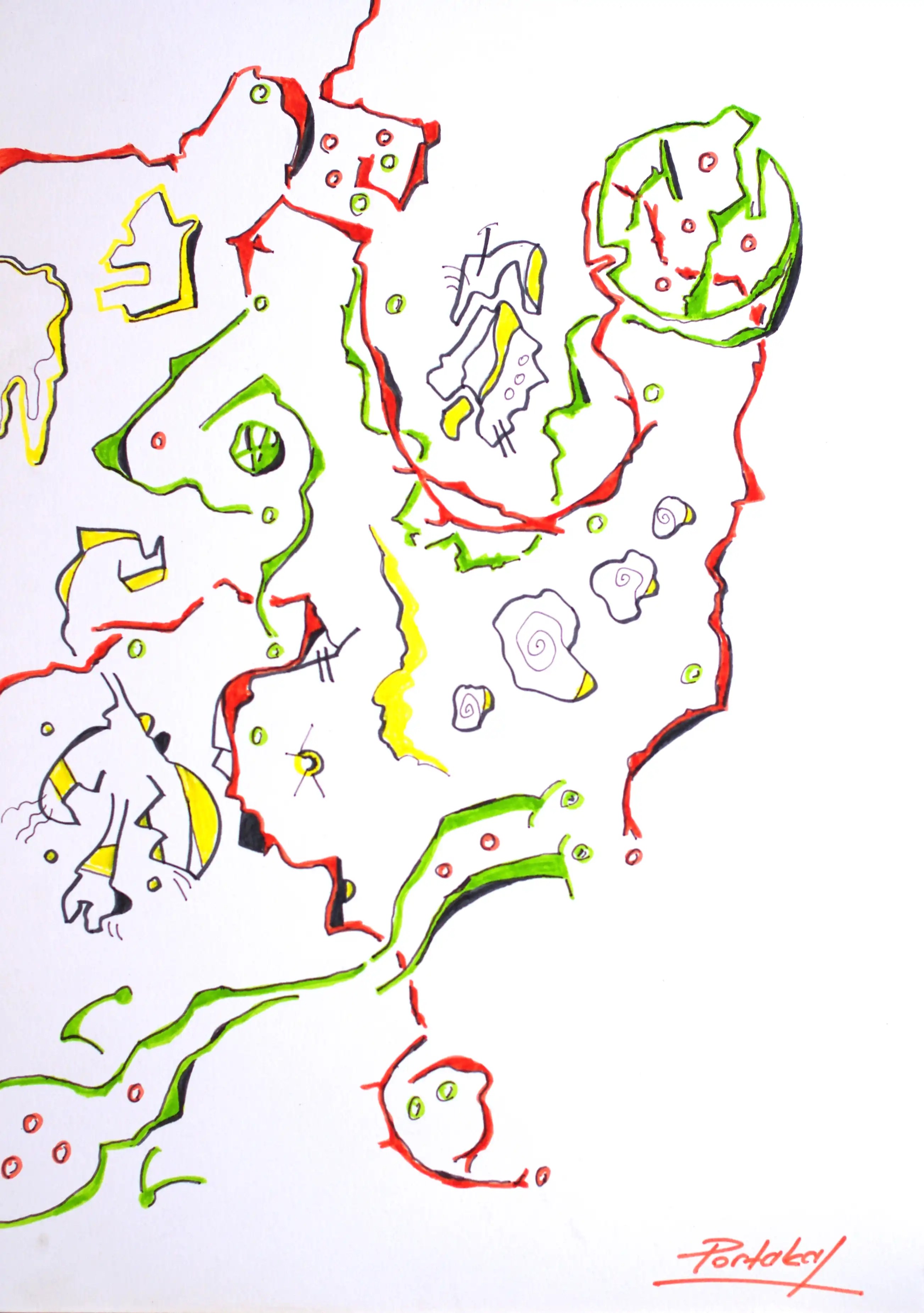 Le mouvement de cette œuvre part du côté gauche du dessin et se développe vers le côté droit. Il s'agit d'un dessin tricolore : rouge, jaune et vert. Les lignes de droite montent légèrement vers le haut et se terminent en cercle. L'espace à droite de la surface révèle la zone travaillée. Un travail très bien exécuté, y compris les lignes. Achat en toute sécurité. Habillons nos maisons et nos lieux de travail avec des œuvres d'art de qualité.