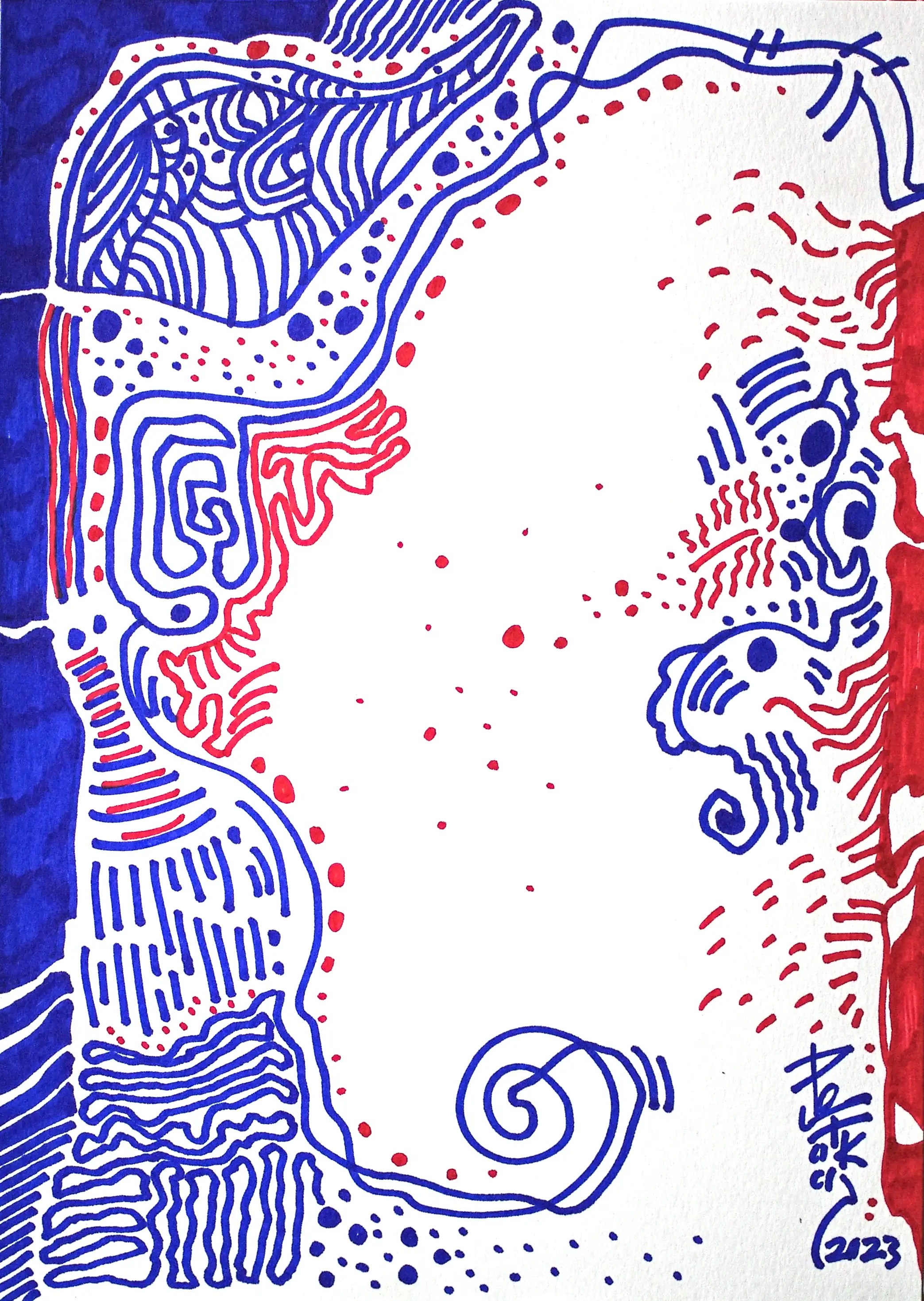 C’est un dessin abstrait vertical au marqueur sur papier principalement bleu avec un peu de rouge. Ce dessin abstrait original a de lignes sinueuses, dynamique et harmonieuses qui contourne le centre qui n’est orné que quelques points. Habillons nos maisons et nos lieux de travail avec des œuvres d'art de qualité. Entre vos mains, ce cadeau unique et précieux du génie créatif peut devenir un souvenir inoubliable pour vos proches. Achat en toute sécurité. Esthétisez votre argent.