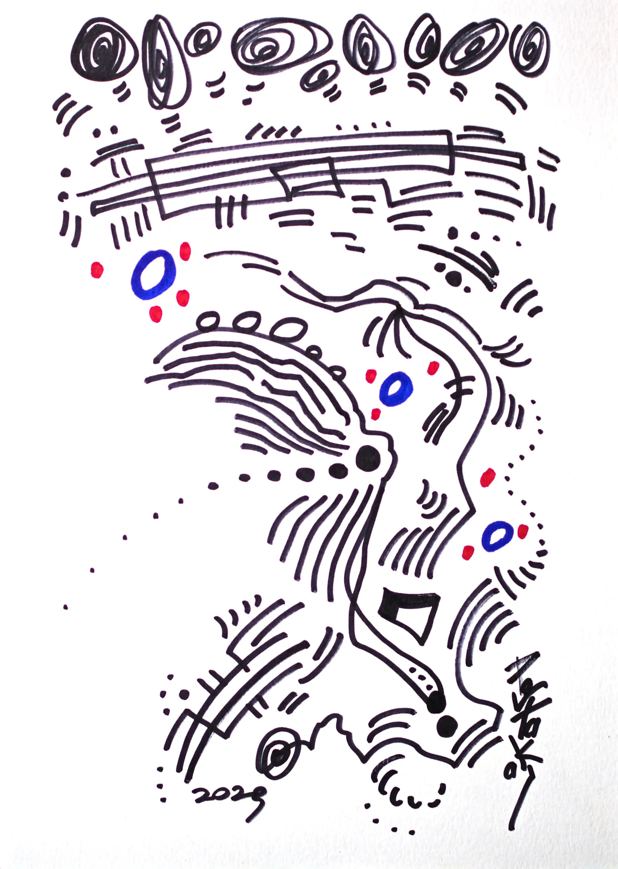 C’est un dessin vertical au marqueur principalement noir sur papier. Ce dessin abstrait original se compose de lignes sinueuses dynamique et harmonieuses. Il y a trois petits cercles bleus au centre et des points rouge qui donnent au dessin une touche de couleur. Enrichissez vos investissements et exposez fièrement votre collection avec mes œuvres d'art abstraites | brutes | originales et de qualité. Une œuvre d'art soigneusement réalisée. Une œuvre d'art créée avec un goût hautement artistique et un professionnalisme exceptionnels.