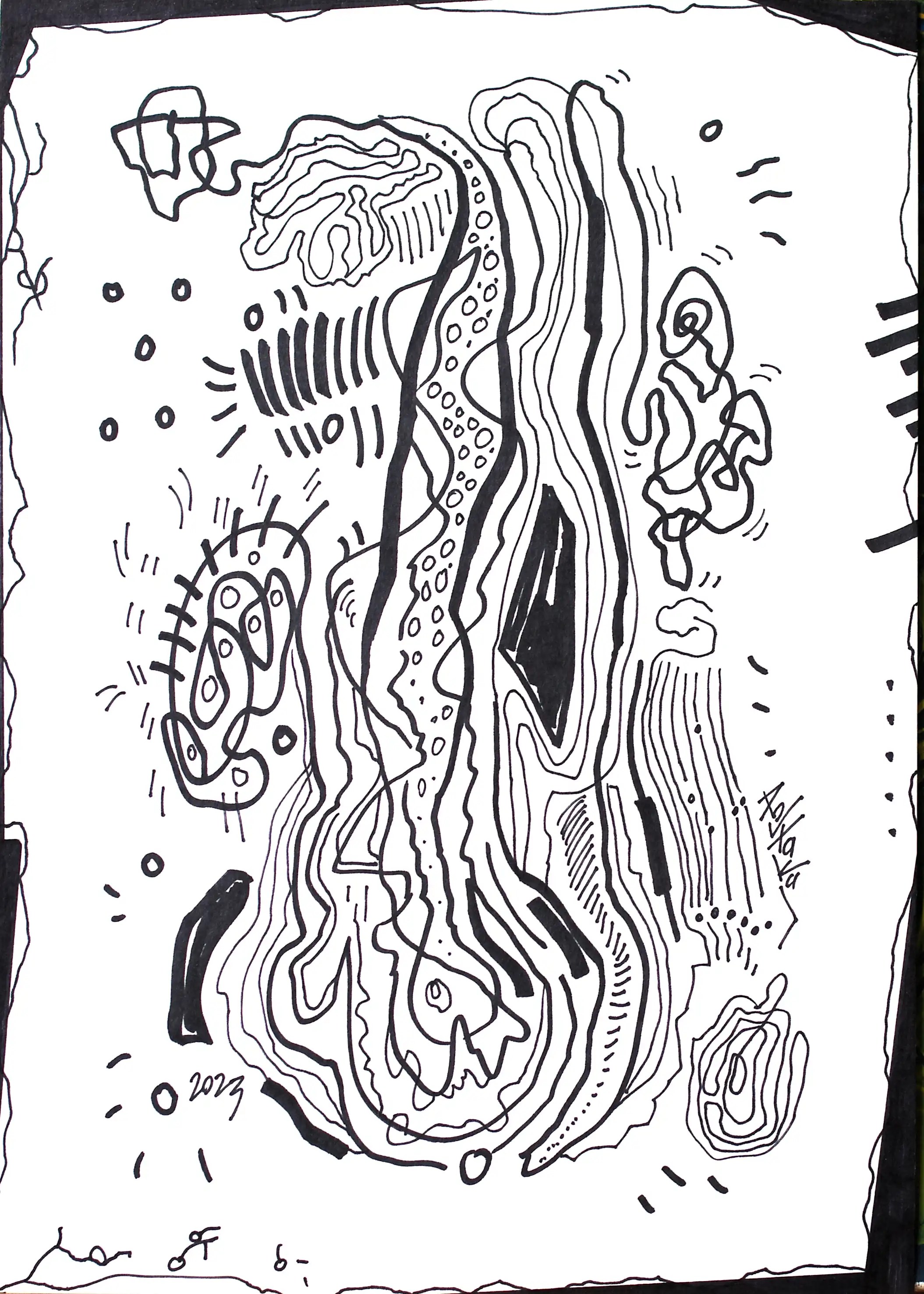 Il s'agit d'un dessin vertical en noir et blanc. Les lignes sont concentrées au centre de la surface. Il s'agit donc plutôt d'un bloc serré de lignes courbes et entrelacées. Ce bloc semble commencer dans le coin supérieur gauche du papier et se terminer dans le coin inférieur droit, en faisant de multiples tours. Il y a également de petites lignes et des cercles autour du bloc. Il s'agit d'un dessin bien travaillé. Les bords de la surface sont également décorés. Habillons nos espaces de vie avec des œuvres d'art de qualité. Soyons malins. Esthétisez votre argent | Investissez maintenant.