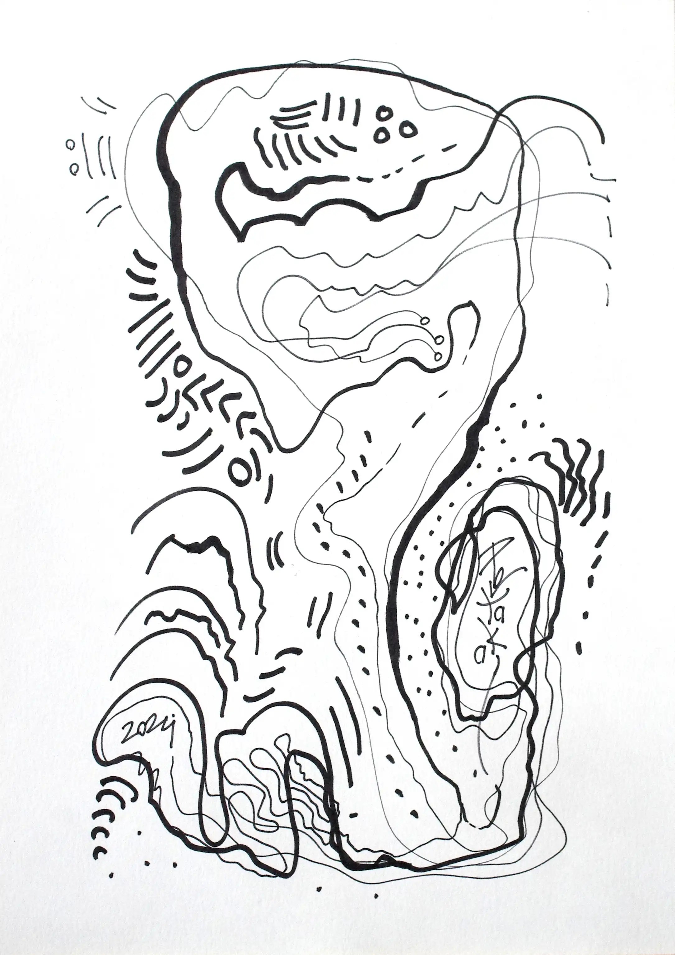 Il s'agit d'un dessin vertical en noir et blanc très dynamique, original et de grande qualité. Une ligne en haut part du côté droit et se courbe de gauche au bas. Une autre ligne part de l'espace de la courbe de la première ligne et descend jusqu'au bas du dessin, créant sa propre courbe. Cette courbe forme une spirale qui s'étend vers le bas à partir du côté droit. Le dessin est parsemé d'innombrables petites lignes et points. Achat en toute sécurité. Entre vos mains, ce cadeau unique et précieux du génie créatif peut devenir un souvenir inoubliable pour vos proches. 