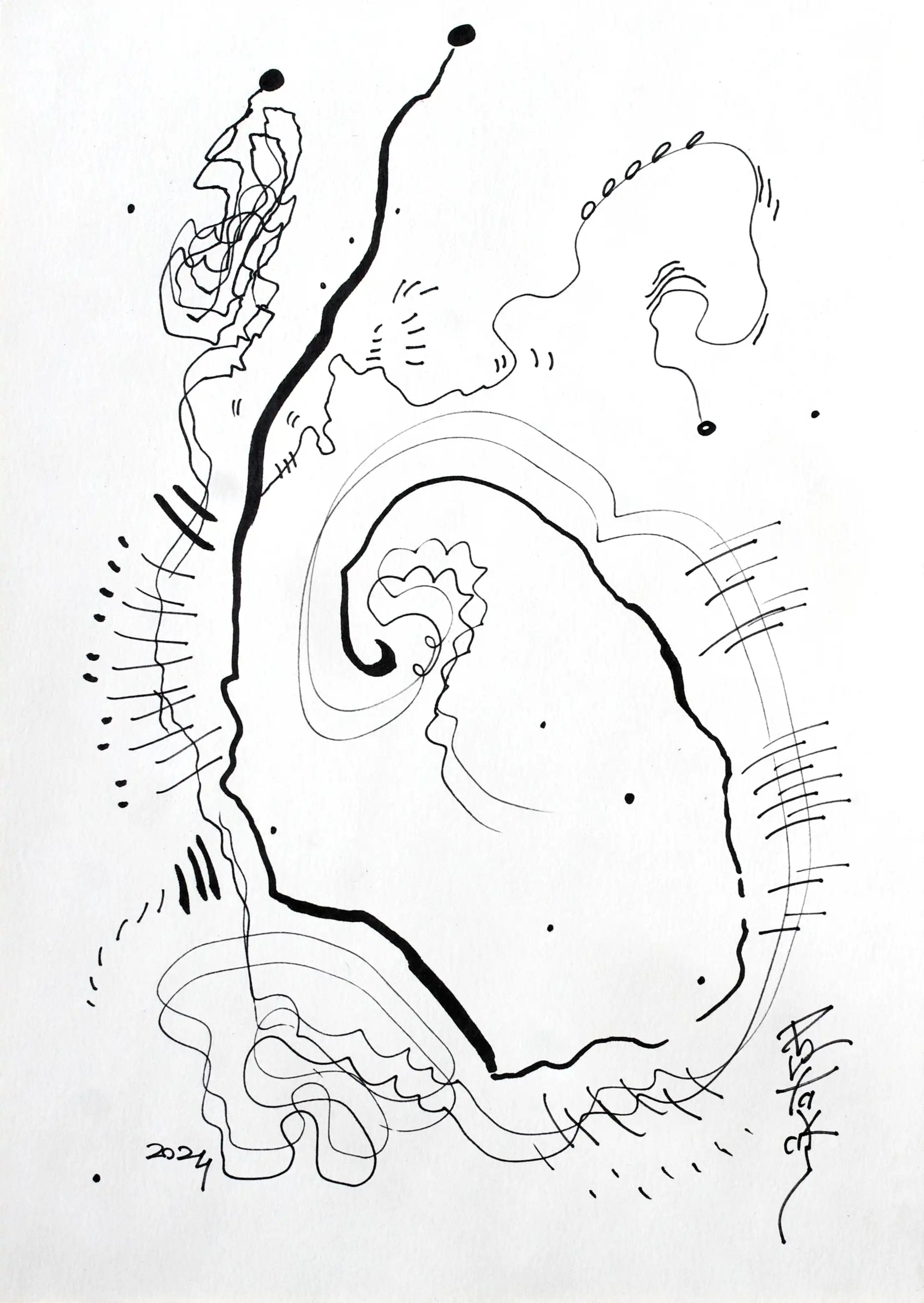 Une ligne irrégulière partant d'un point situé en haut jusqu'en bas forme le début d'une spirale. Autour d'elle, se ramifiant dans toutes les directions, se trouvent des lignes fines et courtes de différents types. C’est une œuvre d’art originale, moderne, dynamique et de qualité. Débarrassons-nous des lourds fardeaux intellectuels et mentaux ; favorisons l'essor des arts traditionnels. Ouvrons nos maisons à l'art populaire traditionnel.