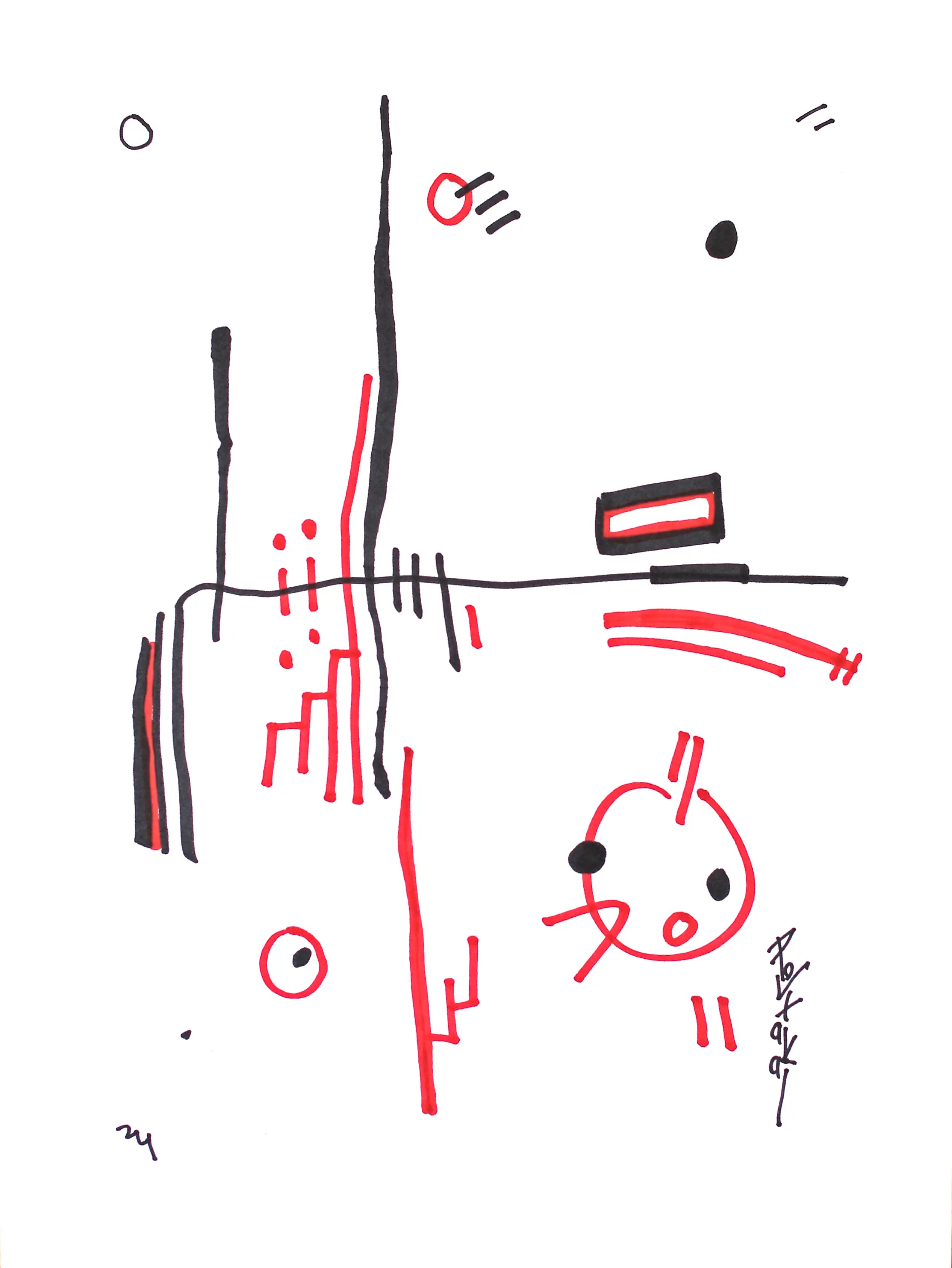 C’est un dessin abstrait à marqueur rouge et noir, vertical sur papier. Une ligne noire verticale suivie d’une autre ligne rouge séparée descend de haut vers le bas du dessin. À gauche de celle-ci, il se trouve des courtes lignes verticales qui s’approchent du côté gauche. Une autre ligne noire croise la première en allant vers la gauche, puis elle se courbe vers le bas. Il y a également d’autres éléments dans ce dessin comme des cercles et des points. Géométrique, minimaliste et beau. Je vous invite à suivre mon travail, qui témoigne d'une rare diversité de créativité, et à vous abonner à ma lettre d'information.