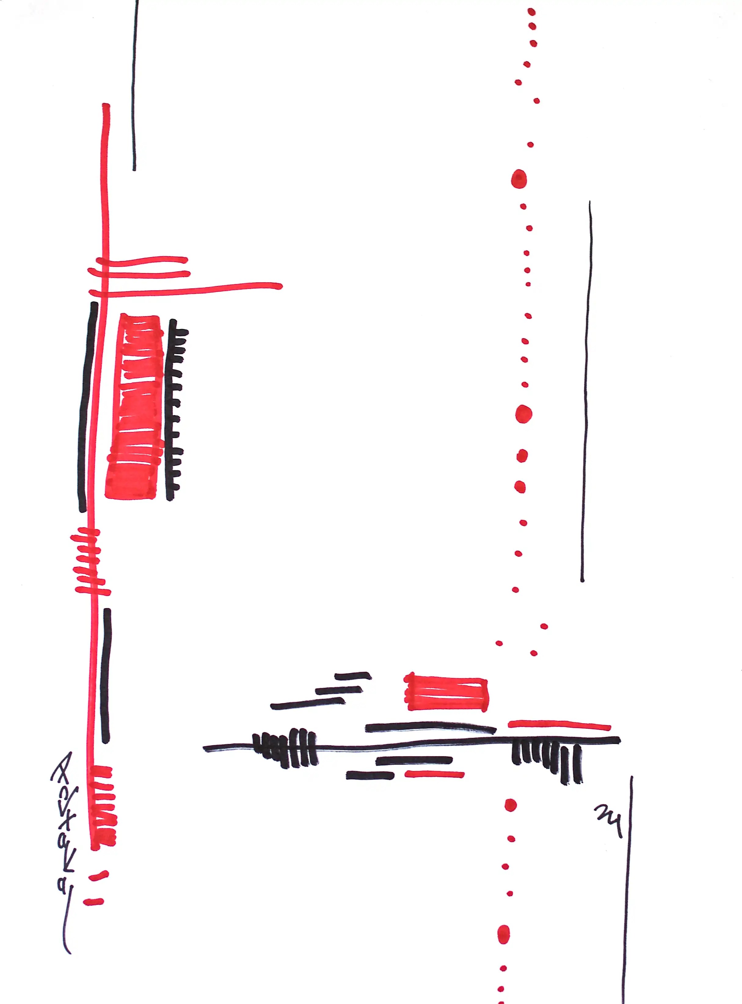 Il s’agit d’un dessin avec quatre lignes verticales et horizontales rouges et noires à côté gauche. Une forme rouge rectangulaire verticale se trouve juste à côté de ces lignes. À l’écart de ce « bloc », il y a une ligne rouge en point avec une autre noire à côté qui traverse verticalement le dessin. En bas, se trouve des lignes noires horizontales décalées légèrement vers le côté droit. Une autre forme rouge plus petite rectangulaire verticale se trouve juste au-dessus de ces lignes. Entre vos mains, ce cadeau unique et précieux du génie créatif peut devenir un souvenir inoubliable pour vos proches. 