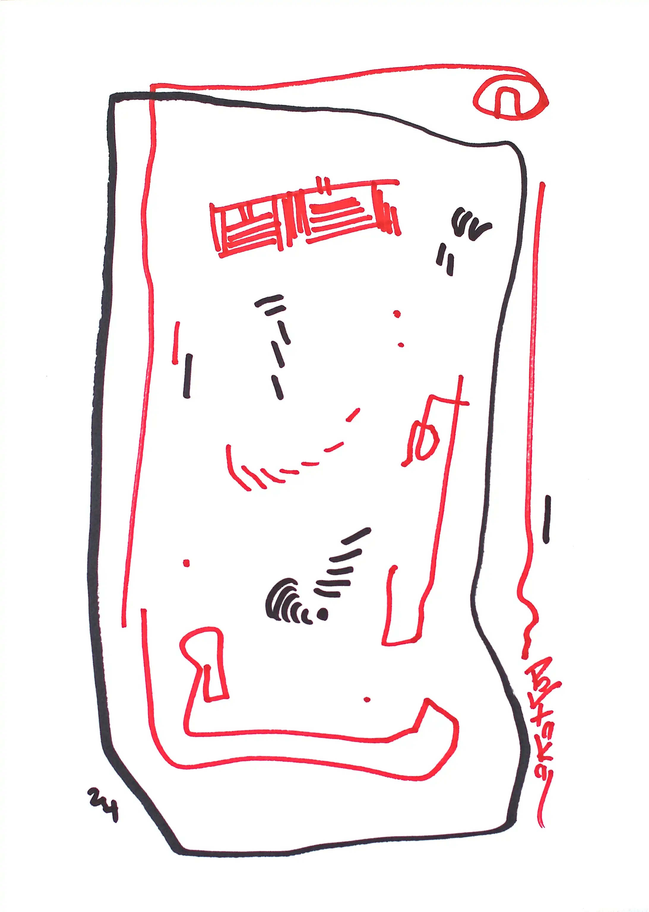 Une ligne noire irrégulière entoure ce qui semble être des gribouillis. Une autre ligne rouge s'étend vers la gauche à partir d'une petite spirale située au-dessus du côté droit du dessin. À droite, une autre ligne rouge verticale se termine par ma signature. Il s'agit d'une œuvre d'art originale et dynamique. Achetez en toute confiance. Des œuvres d'art uniques pour des intérieurs uniques.