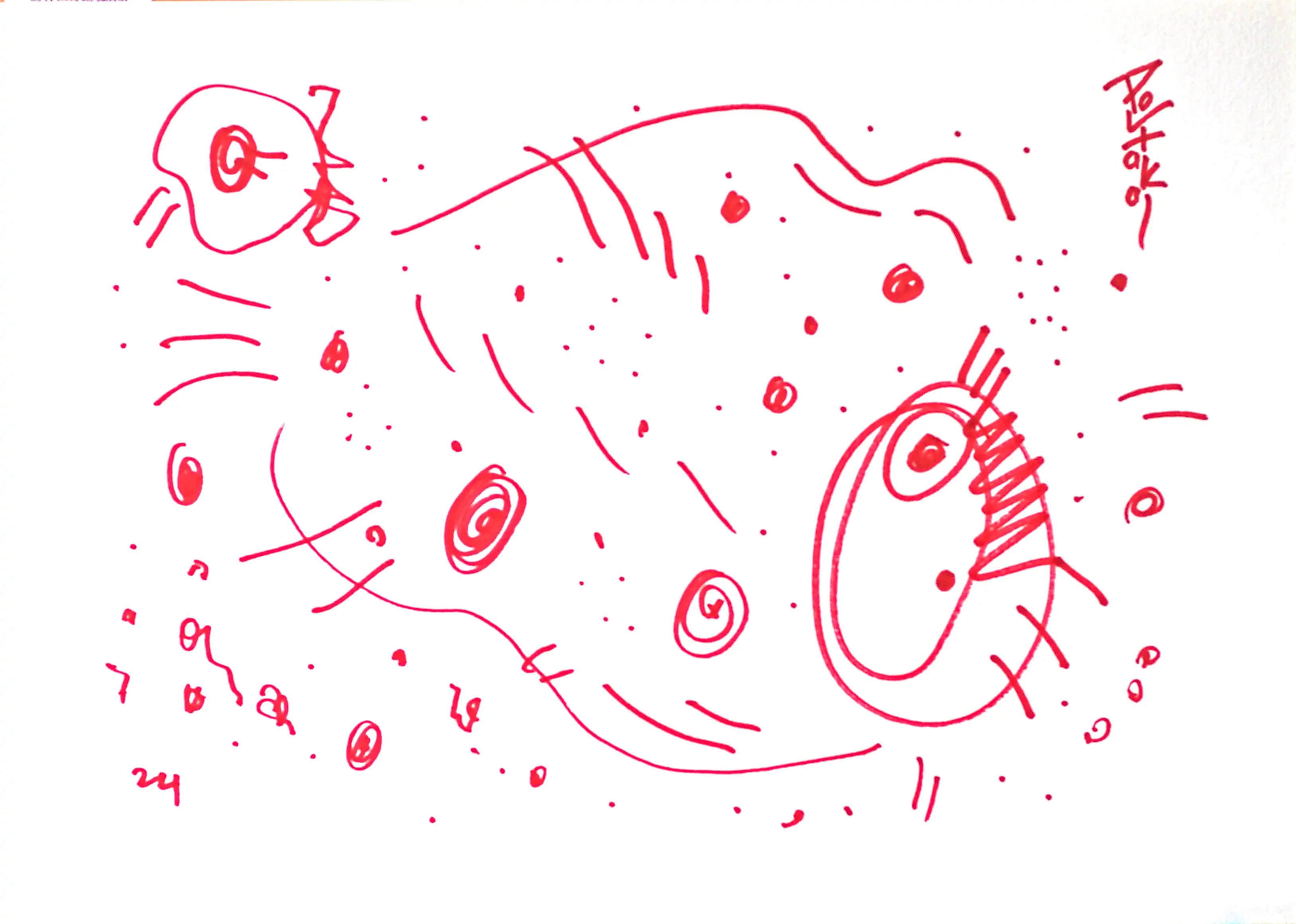 Il s'agit d'un dessin horizontal très esthétique réalisé au feutre rouge. Le mouvement commence par un cercle tordu dans le coin supérieur gauche et se poursuit par deux lignes ondulées en haut et en bas, qui s'étendent de gauche à droite dans la composition. Le mouvement se termine aux extrémités de ces deux lignes, avec un autre cercle plus grand dans le coin inférieur droit. Comme ces deux cercles, toute la surface est traitée. Le dessin comprend également des lignes courtes, des points et d'autres petits cercles dessinés en harmonie.