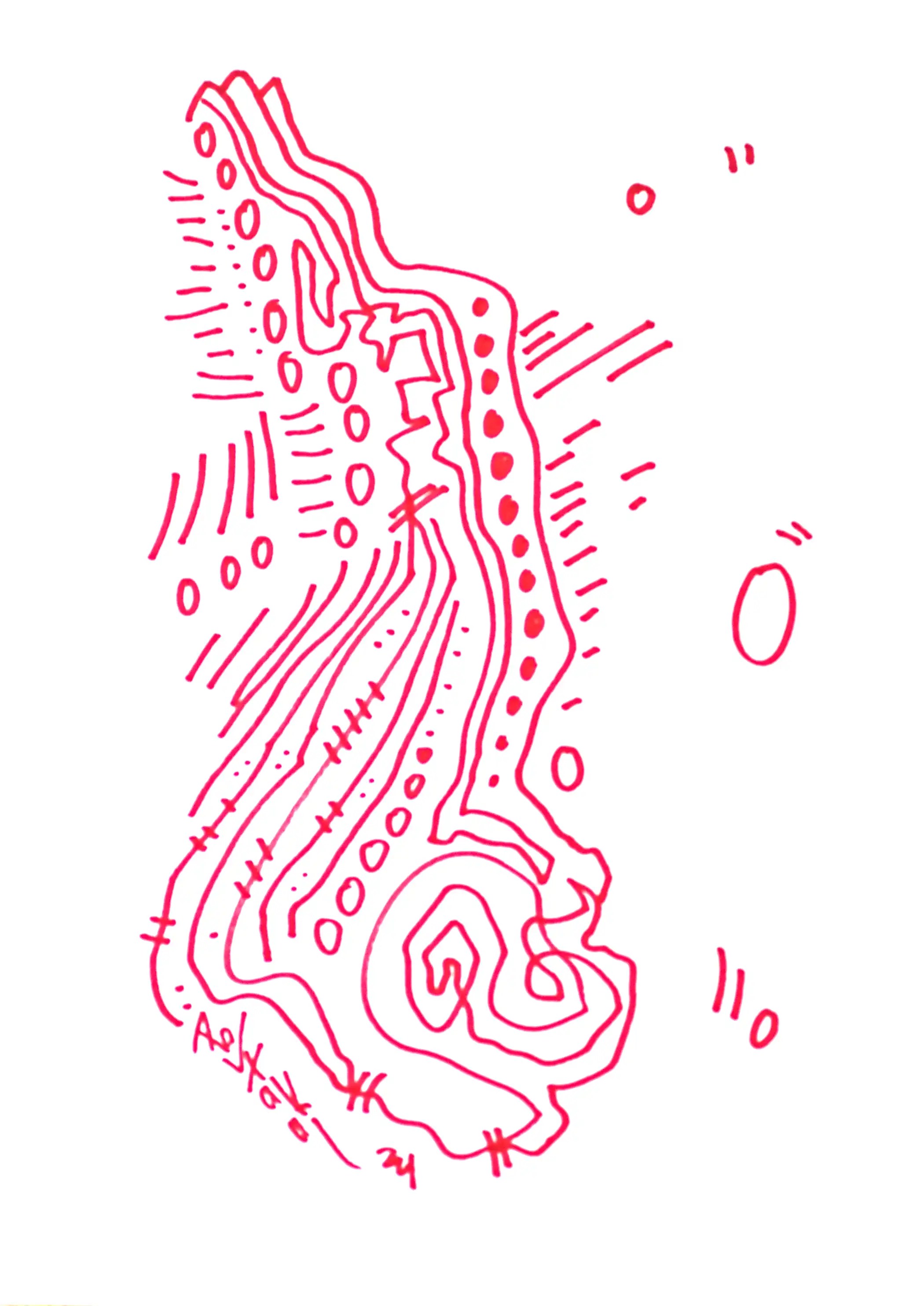 Le mouvement est très important dans le travail de l'artiste. Cette œuvre se compose d'un bloc de lignes rouges qui commencent par être étroites puis s'élargissent. Toutes les lignes de ce bloc s'écoulent avec une vibration subtile de haut en bas, contribuant ainsi au mouvement. À droite du bloc, il y a des points entre deux lignes qui sont relativement plus larges que les autres et qui se terminent en spirale, ce qui accentue le sens de la vibration. Décorez fièrement vos investissements avec mes œuvres uniques et de qualité qui visent la beauté. Valorisez vos investissements avec des œuvres d'art de qualité.