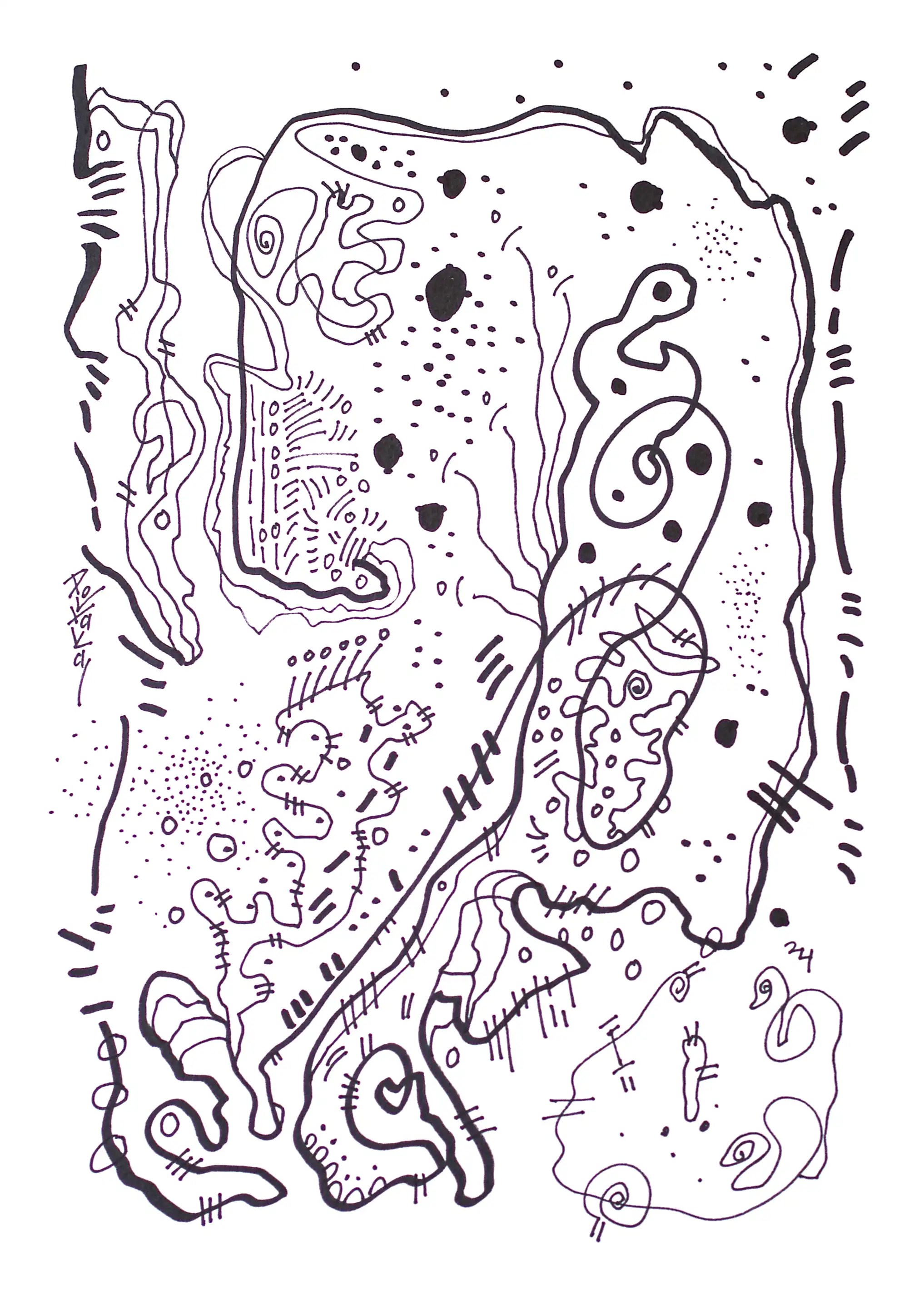 Un dessin magnifiquement exécuté au marqueur noir. Il est aussi esthétique que complexe. La composition commence par un petit bloc vertical à gauche, une forme très originale, et se poursuit par une ligne qui traverse toute la surface et se termine près du bloc. Entre cette ligne courbe, on trouve de nombreuses formes telles que des points et des lignes plus fines. Débarrassons-nous des lourds fardeaux intellectuels et mentaux ; favorisons l'essor des arts traditionnels. Ouvrons nos maisons à l'art populaire traditionnel.