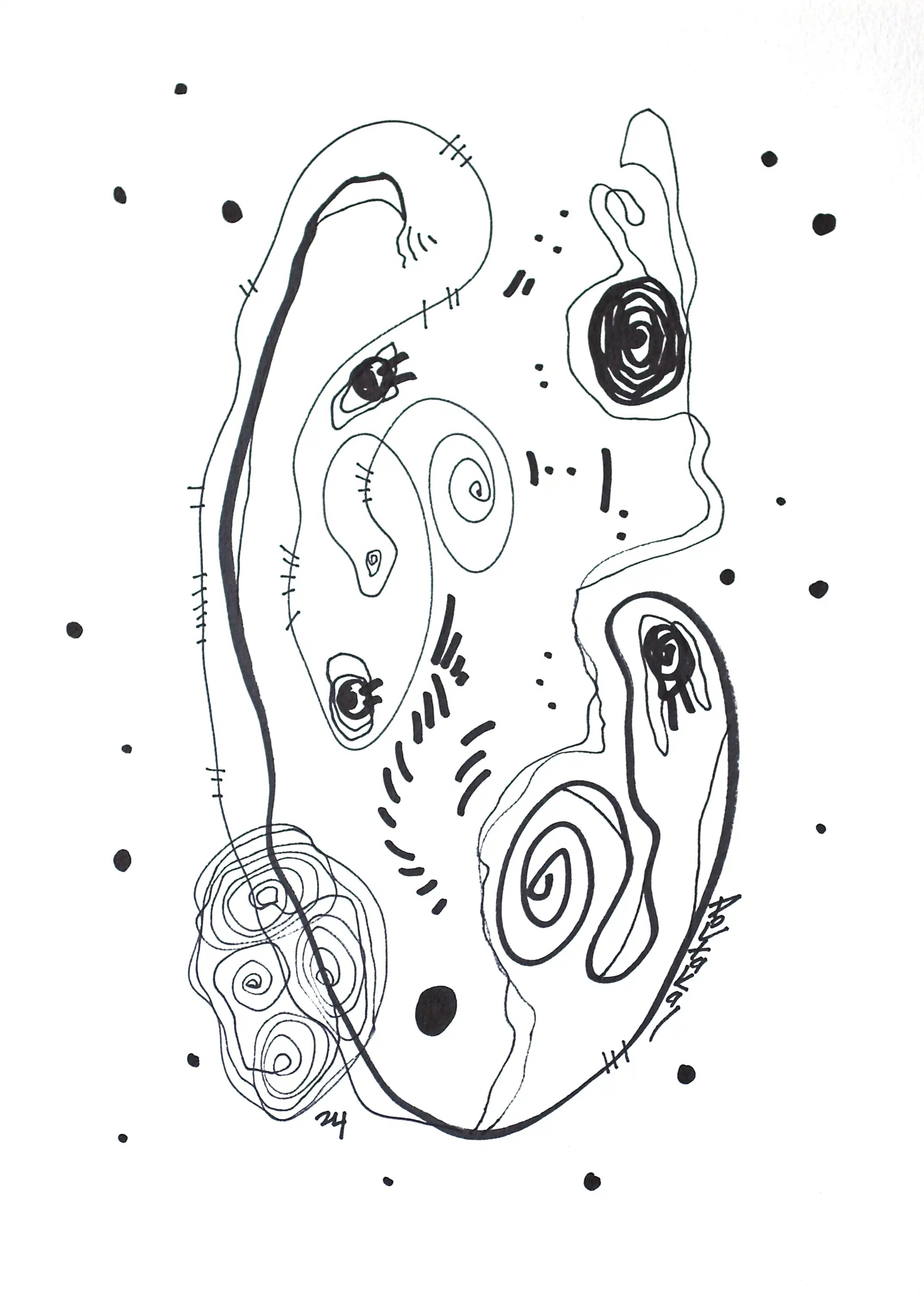 Une œuvre d'art soigneusement réalisée. Simple et extrêmement beau. Pour un non-artiste, il est difficile d'imaginer qu'un artiste puisse être si habile qu'il soit capable de créer des œuvres aussi magistrales avec un simple marqueur. Le dessin se compose principalement de deux lignes courbes épaisses et fines et se termine en formant un bel ovale ouvert en haut à droite. Le reste de la composition est complété par d'autres formes : spirales, points, lignes, etc. Une œuvre d'art originale, dynamique et de grande qualité. Un bon choix d’achat qui apportera une touche de détente à votre collection.