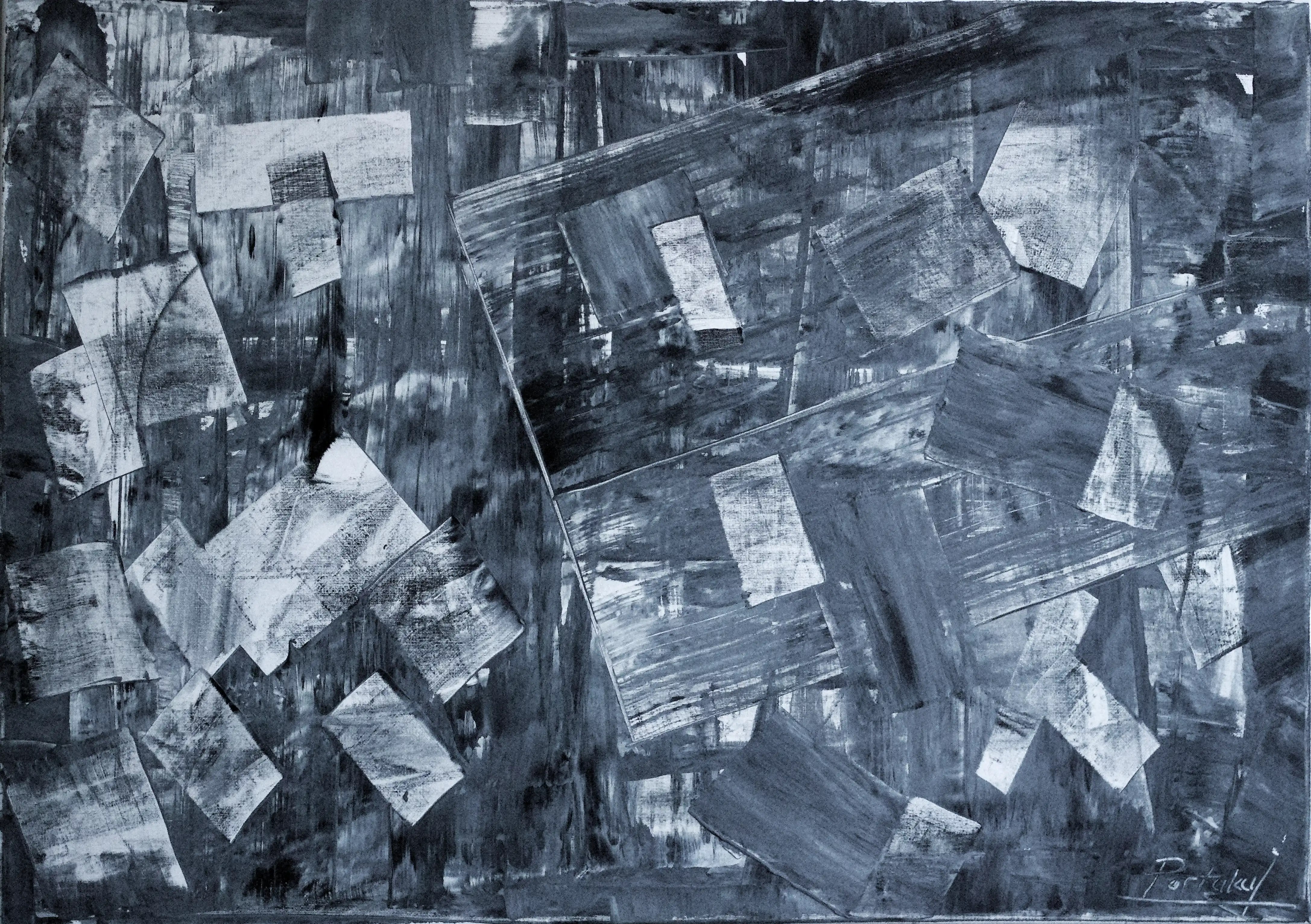 Il s'agit d'une autre œuvre audacieuse et esthétique. Cette peinture abstraite est en noir et blanc (ou plutôt en gris et blanc). Elle est presque entièrement constituée de grattages rectangulaires, ce qui lui confère un effet tridimensionnel. Achat en toute sécurité. Esthétisez votre argent. Investissez maintenant.