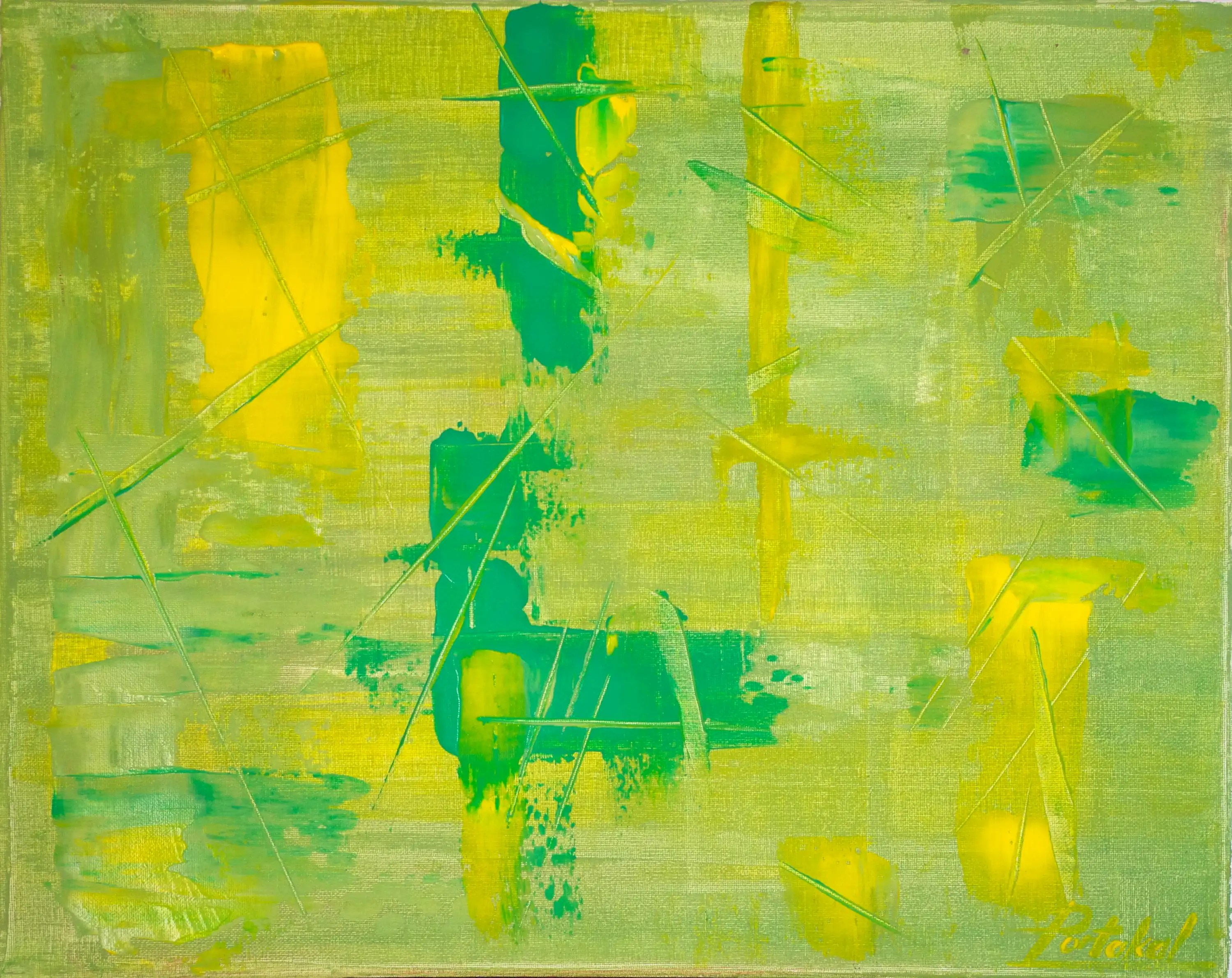 Il s'agit d'une rare peinture abstraite dans un style inhabituel. Elle est aussi esthétique qu'originale. La peinture jaune et vert foncé est appliquée sur un fond vert clair, parfois en forme de « L », parfois en blocs verticaux et horizontaux. Par endroits, on peut voir des zones où la peinture a été grattée dans tous les sens. Achat en toute sécurité. 