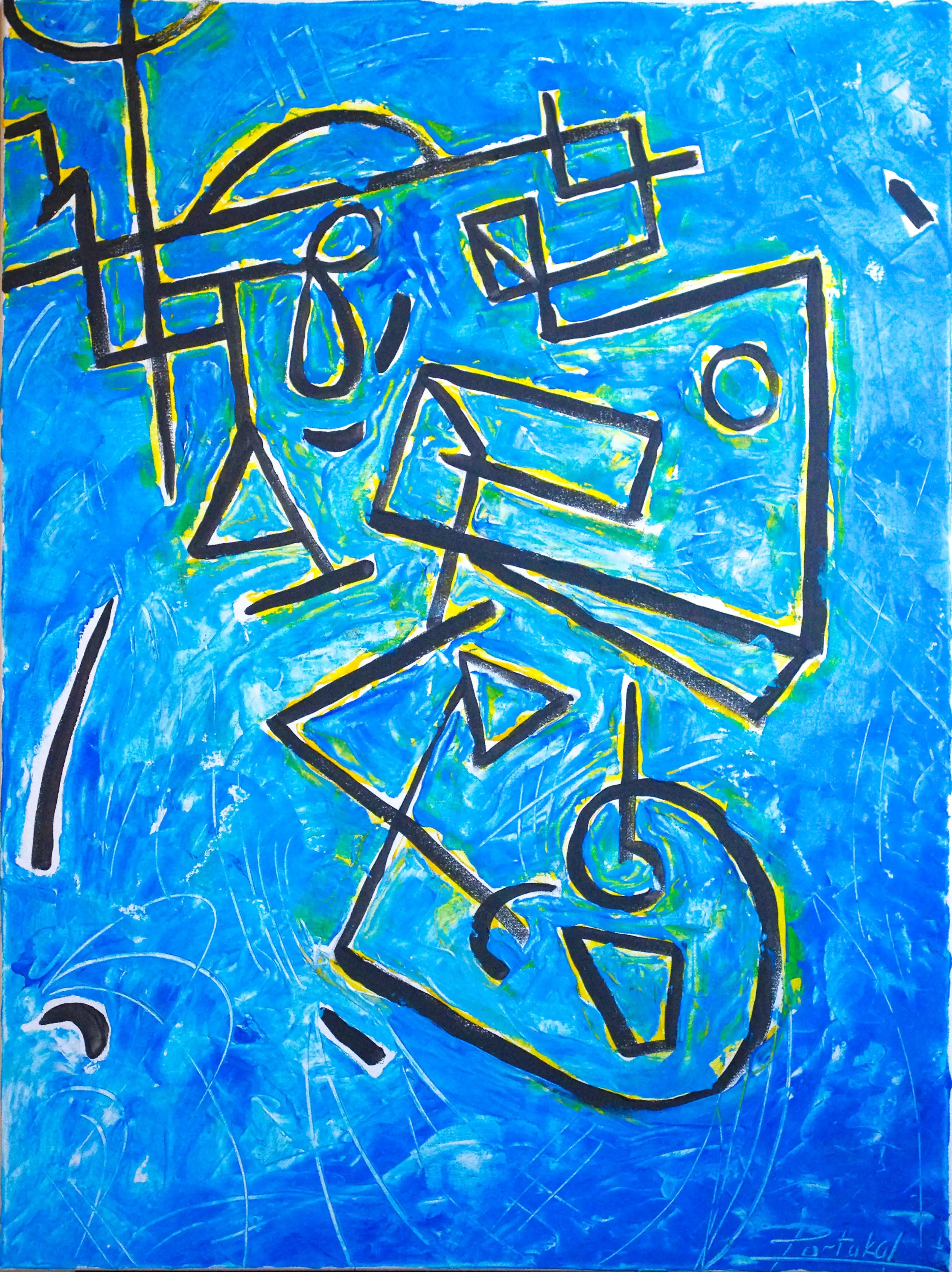 Voici une autre œuvre aussi différente que surprenante. Il s'agit d'une peinture d'un bleu ciel profond et nuancé. Voici une autre interprétation surprenante de la peinture abstraite géométrique : une ligne noire (avec une touche de jaune par endroits) partant du coin supérieur gauche, qui se transforme en de nombreuses formes géométriques au fur et à mesure qu'elle descend. Très élégant, très subtil.