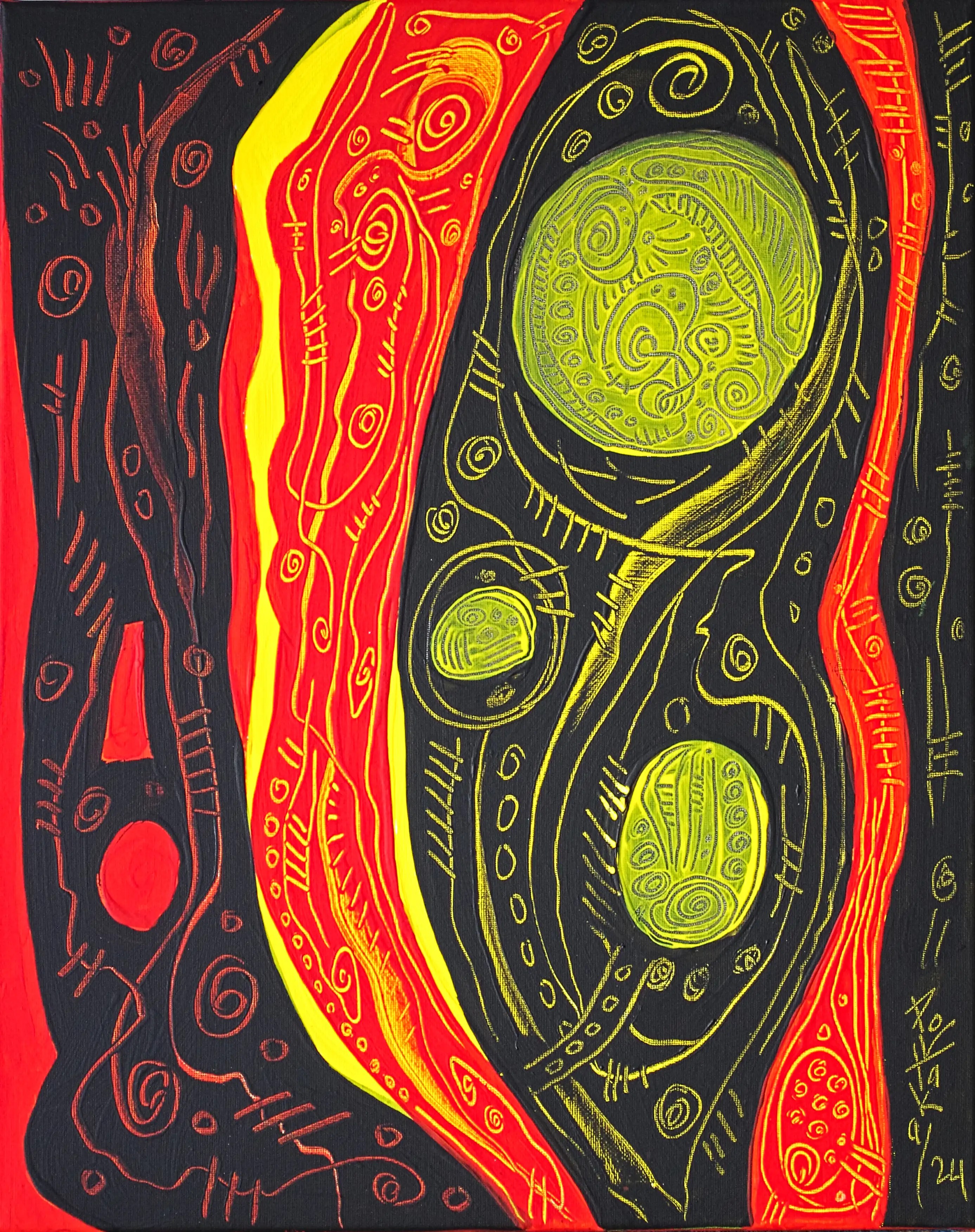 Un tableau utilisant de couleurs telles que le noir, le rouge et le jaune. Le tableau est divisé verticalement en plusieurs sections : jaune, noir et rouge. Dans le côté droit, il y a trois point jaune. L’ensemble du tableau est décoré de lignes courbes. Il s'agit d'une peinture abstraite riche en beauté et en dynamisme. Achat en toute sécurité. Esthétisez fièrement vos investissements avec mes œuvres emblématiques.