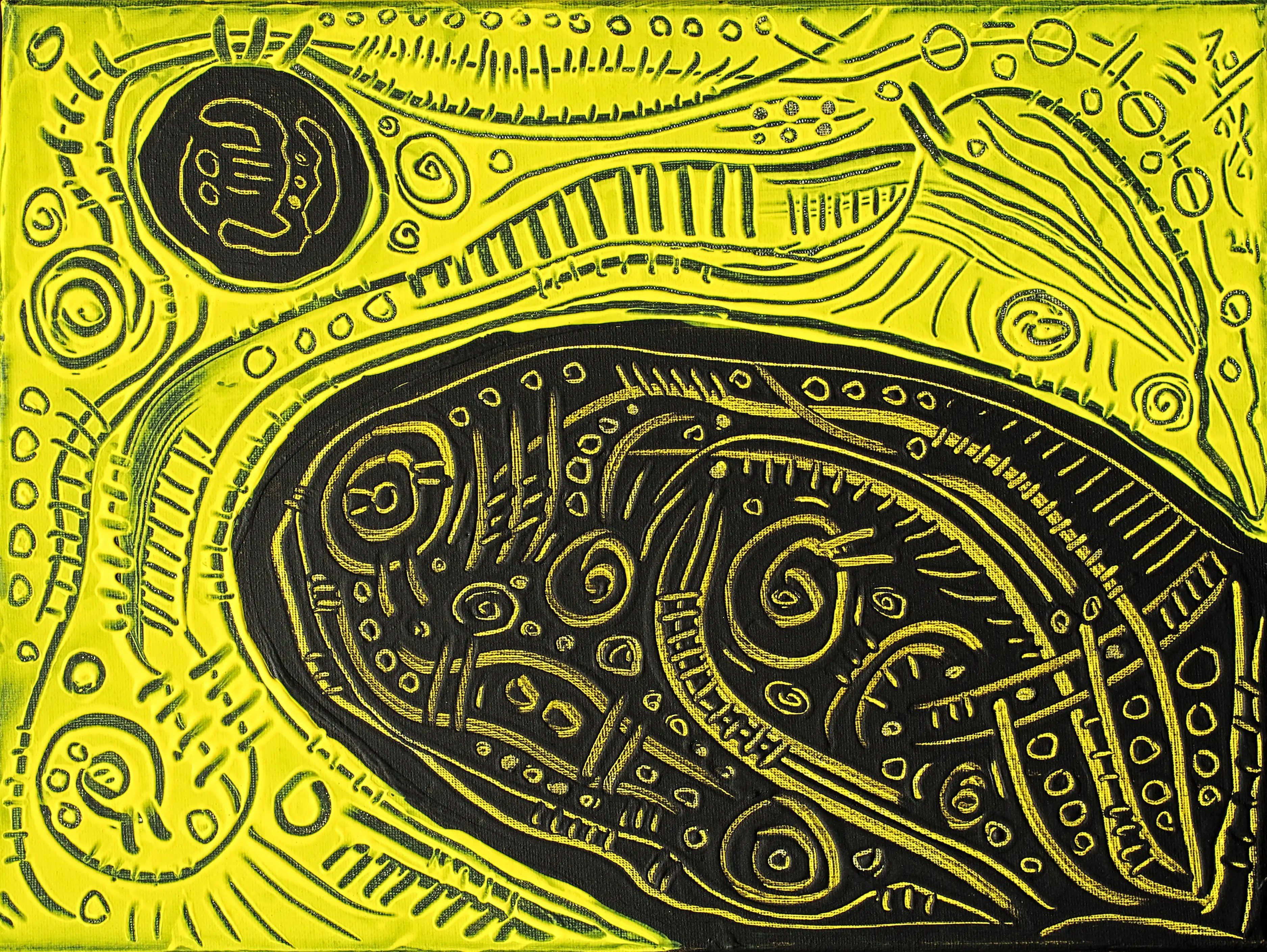 Une peinture horizontale, originale et de qualité qui est a deux couleurs : jaune et noir. Au coin supérieur à gauche, se trouve un grand point noir décoré qui est contourné par du jaune également décoré de lignes sinueuses. Et au coin en bas droit, il y a une section noire en forme d’ovale qui tend vers le point et qui est aussi décorée. C’est une peinture abstraite dynamique. Investissez maintenant. C'est peut-être la chance de votre vie.