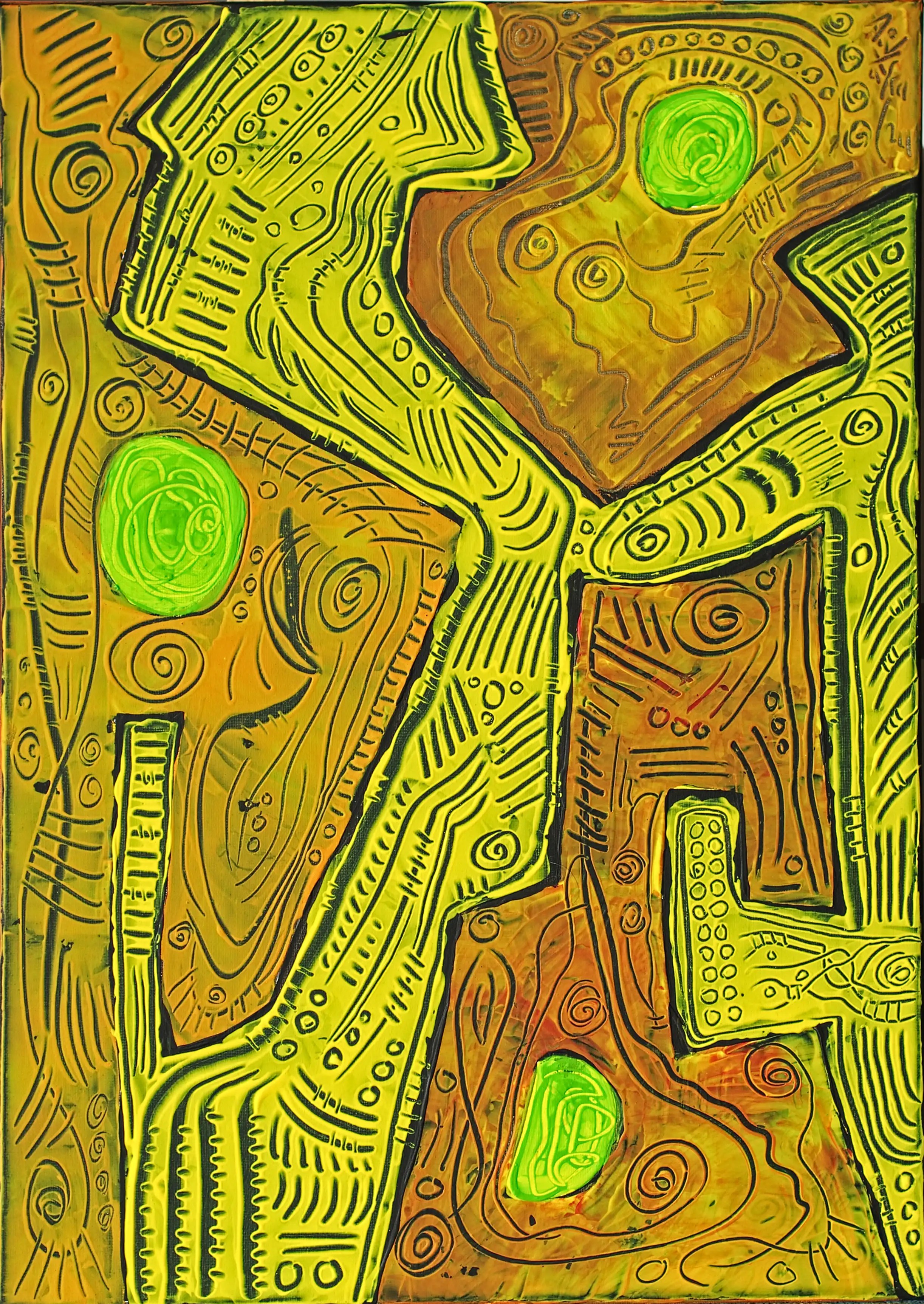 Cette peinture abstraite verticale sur toile a un fond brun, divisé en trois sections par une bande verticale jaune. Ainsi que le côté gauche, le côté supérieur droit et le bas du tableau vers le haut sont bruns. Chaque partie brune a un point vert. L’ensemble de l’œuvre est, bien sûr, décoré de lignes sinueuses. Il s'agit d'une œuvre d'art moderne et originale de la plus haute qualité. Esthétisez votre argent | investissez maintenant.