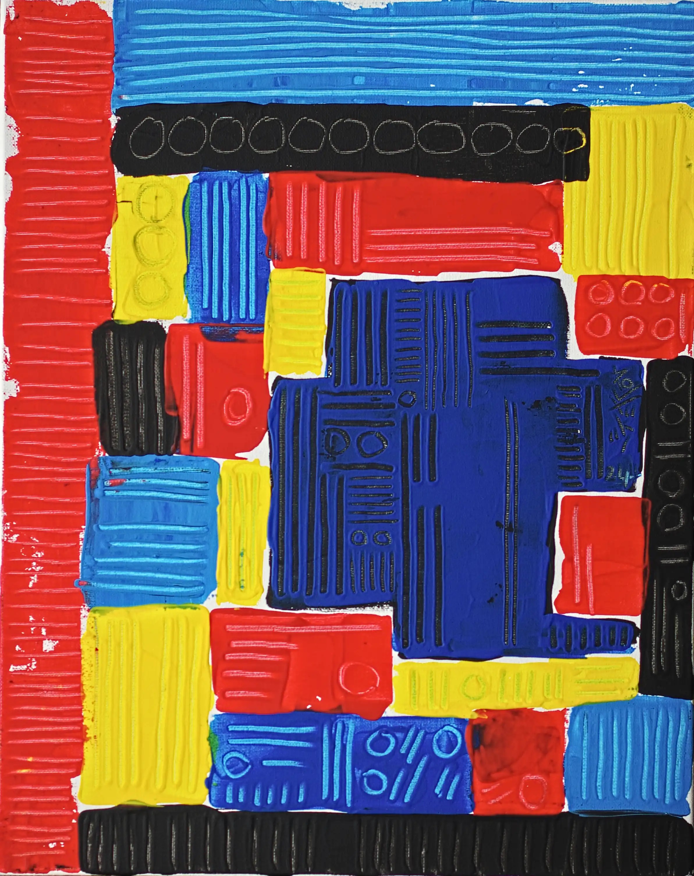 Il s'agit d'une peinture abstraite originale et différente de mon catalogue. Un bloc rouge remplit le côté gauche. En haut du tableau, il y a un autre bloc bleu. De haut en bas de ce tableau, il y a des blocs de différentes couleurs et tailles : rouge, bleu, bleu foncé, noir et jaune. Tous ces blocs sont décorés de lignes verticales et horizontales. Achat sécurisé. 