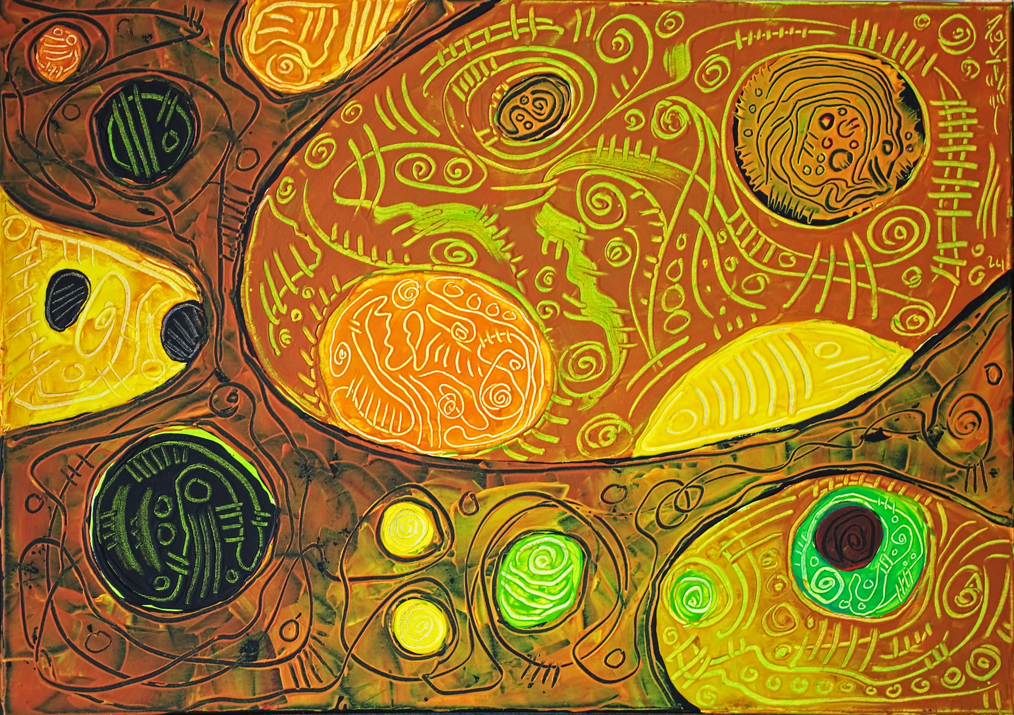 P. A. N° : 0107 est un tableau horizontal composé de plusieurs sections circulaires de différentes couleurs, principalement brun. Les autres couleurs du tableau sont le jaune, le noir et le vert. La section la plus frappante est l'ovale brun dans le coin supérieur droit, qui s'étend légèrement vers le bas en direction du centre du tableau. C’est une œuvre d’art originale, dynamique et de qualité. Achat en toute sécurité. N'hésitez pas à faire une offre de prix.