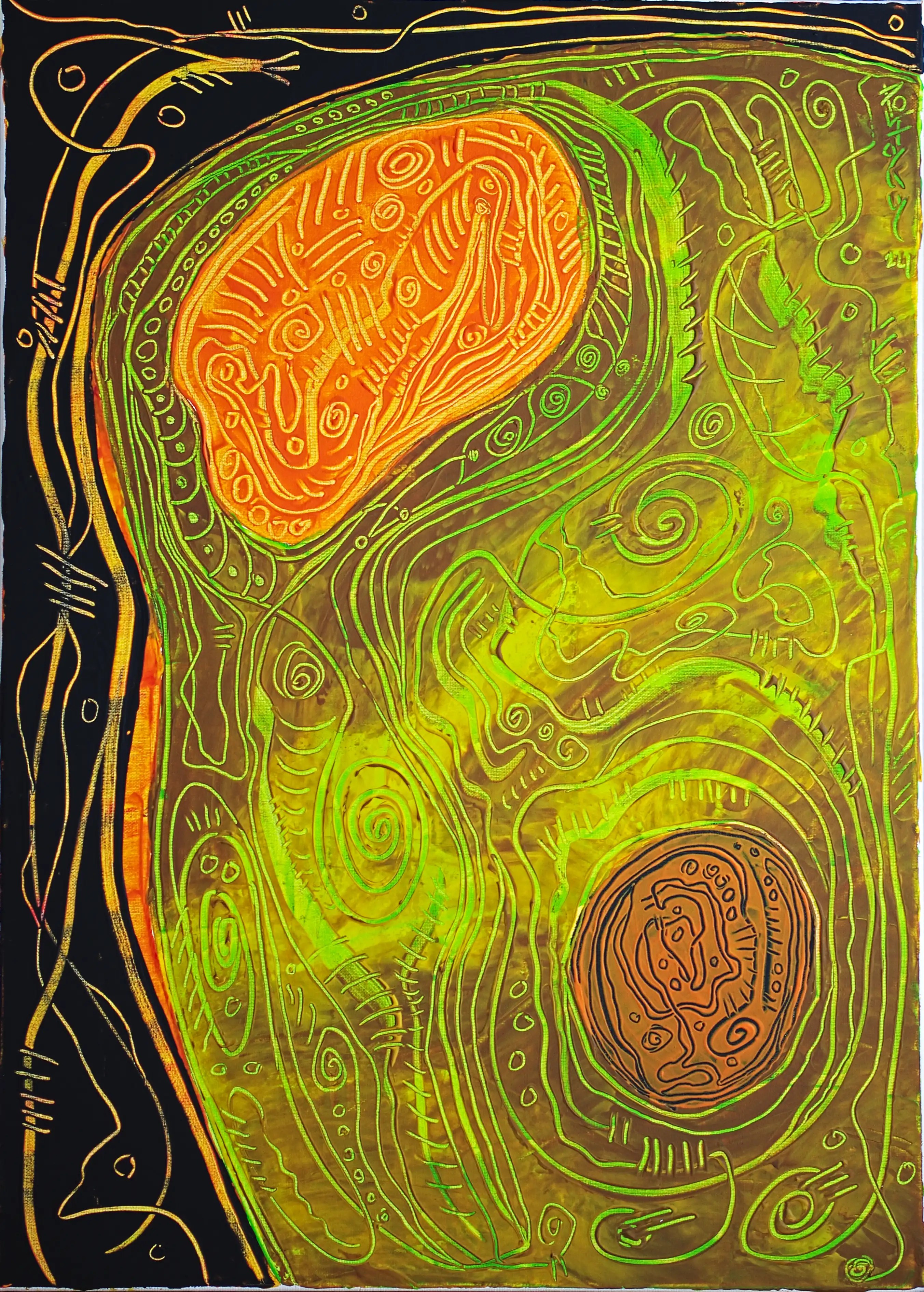 Le côté gauche et celui de supérieur est noir et ornées de lignes orange sinueuses et ondulés. Le fond du reste de cette peinture abstraite verticale est brun et décorée entièrement de lignes verte et jaune courbée et ondulée. Sur ce fond, vers le coin gauche, se trouve un cercle orange et près du côté droit en bas, se trouve un autre cercle brun foncé. Ces deux cercles sont aussi décorés. C’est une œuvre d’art originale, dynamique et de qualité. Achat en toute sécurité. Achetez cette œuvre via PayPal.