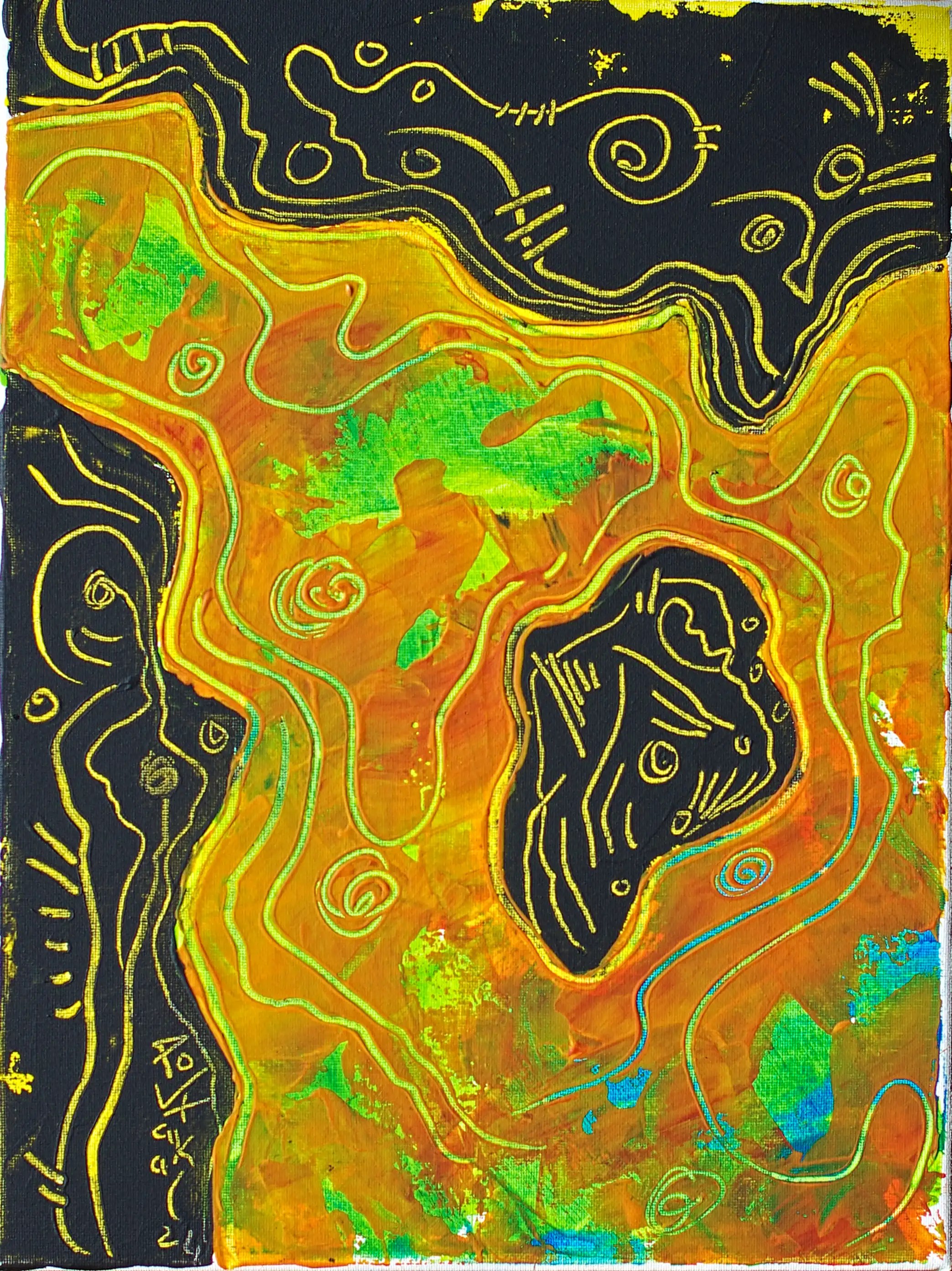 Il s'agit d'une œuvre originale en acrylique sur toile en trois couleurs : noir, brun et vert. Il y a un bord noir ondulé, décoré à gauche et également sur la partie supérieure du tableau. Une autre section brune ondulée et décorée descend par la gauche supérieure du tableau vers le coin droit en bas. Cette dernière a des taches vertes. C’est une peinture abstraite dynamique, riche et moderne.