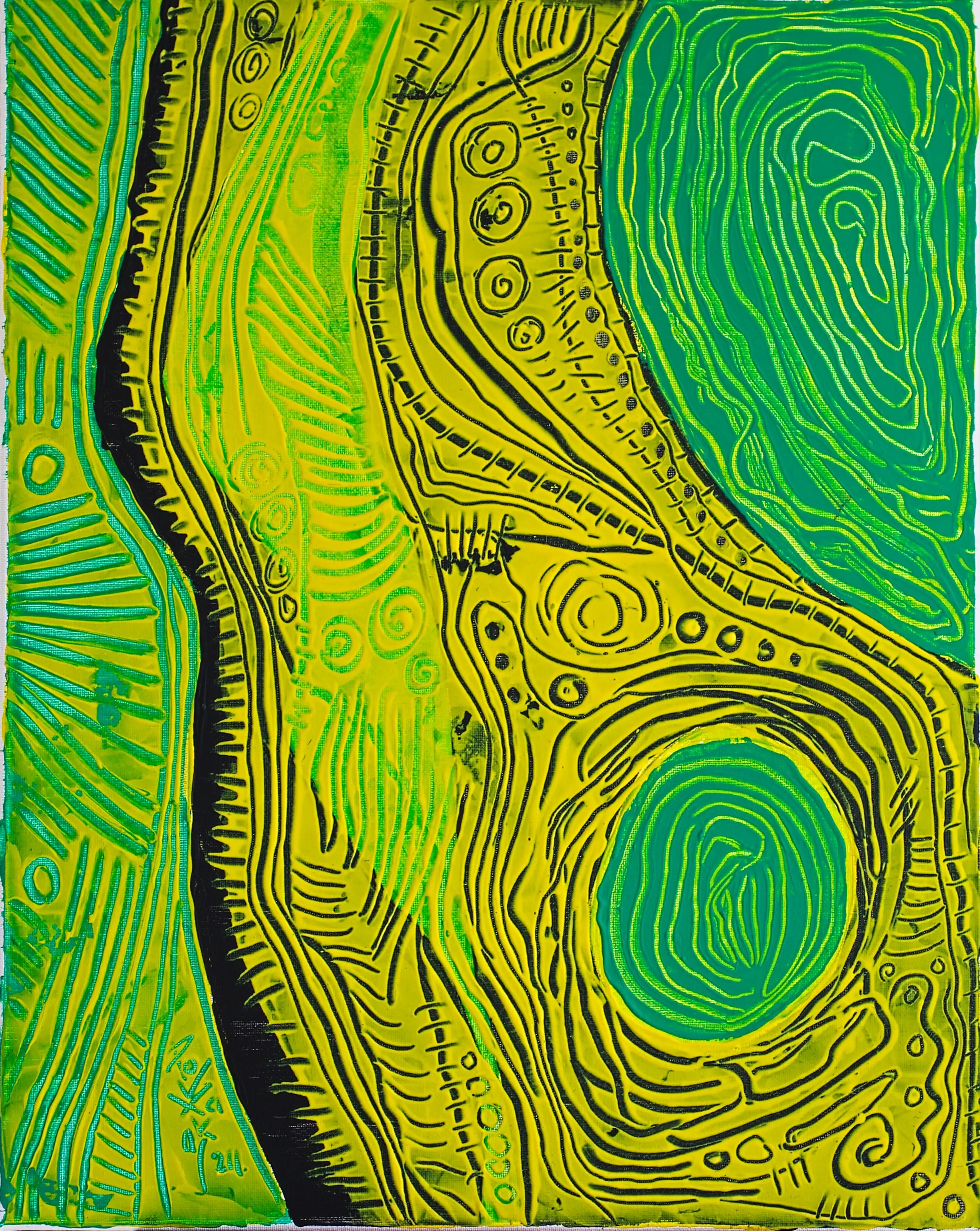 Cette œuvre d'art originale est divisée verticalement à partir de la gauche en six sections : vert clair, noir, vert clair, jaune et vert foncé. La deuxième section, vert clair, se trouve au-dessus de la section jaune. Cette même section comporte un cercle vert foncé. Toutes les sections sont décorées de lignes courbes de différentes couleurs. Il s'agit d'une œuvre d'art moderne, énergique et de grande qualité.