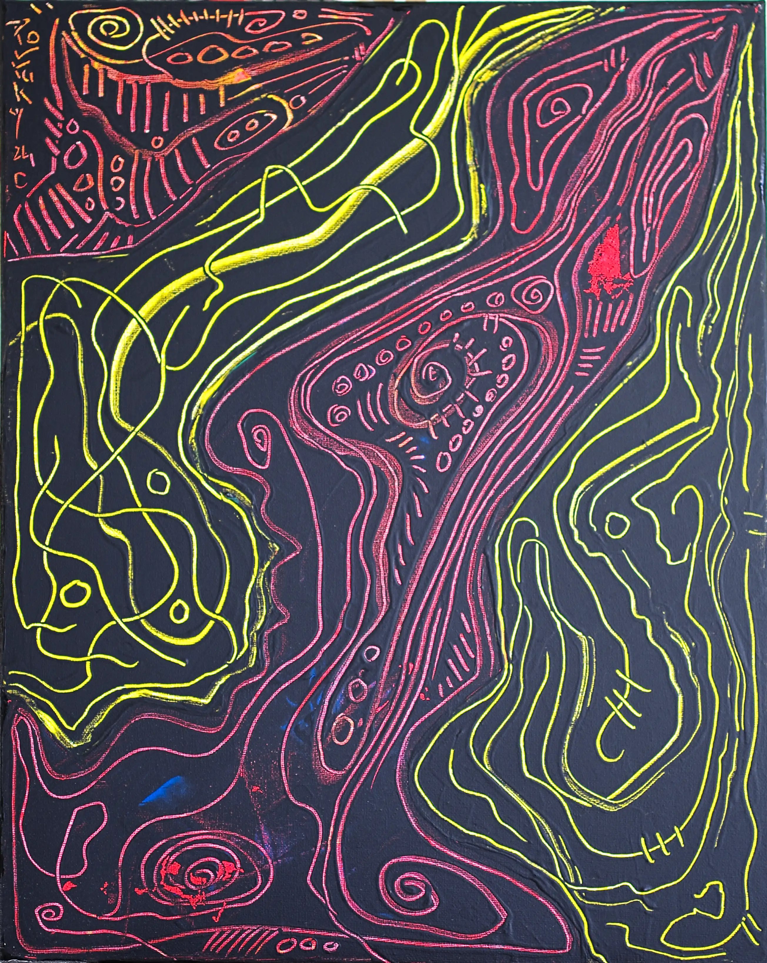 Une œuvre verticale relativement simple, sombre mais gaie et très originale. Le fond, la toile, est entièrement noir. Dans le coin supérieur gauche se trouvent ma signature et un bloc triangulaire de lignes rouges courtes et droites. Les lignes jaunes ondulées partent du coin supérieur droit du tableau et descendent sur les côtés gauche et droit, formant un « V » renversé. Entre les bras de ce « V » se trouve un autre bloc de lignes ondulées rouges entrelacées, comme les lignes jaunes qui viennent d'en haut et descendent vers le bas. Une peinture abstraite très dynamique. Pensez à acheter cette œuvre de qualité pour ajouter de la valeur à votre collection.