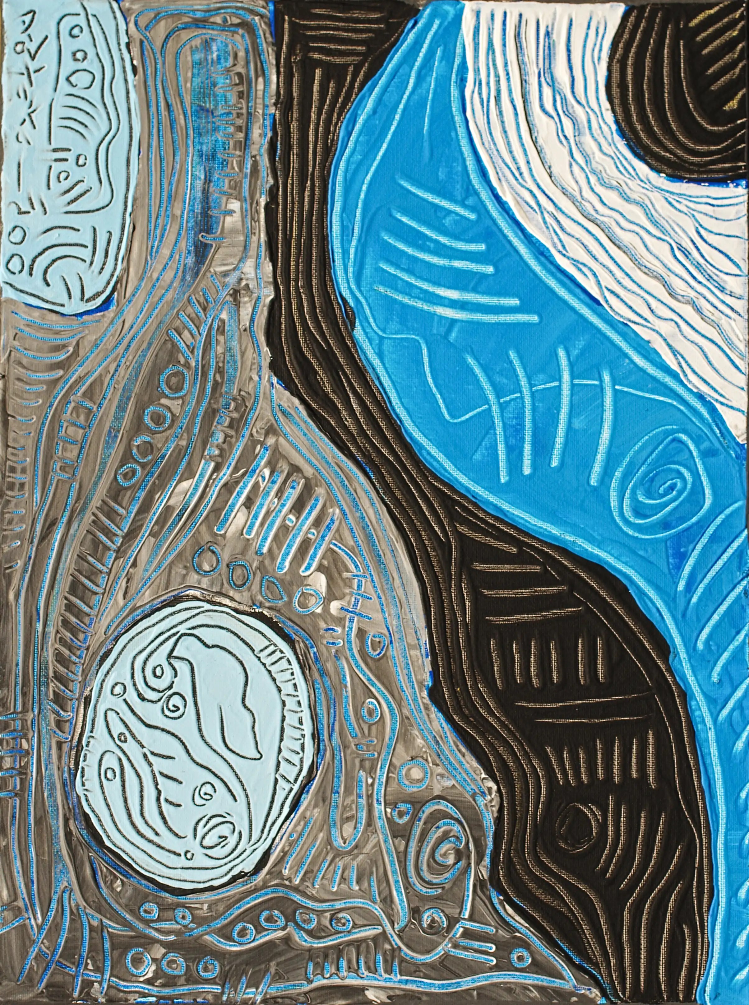 Il y a au coin gauche, une partie ovale bleue claire avec ma signature. Et puis il y a un segment gris qui remplie verticalement la moitié gauche du tableau du haut au bas et avec un cercle bleu clair plus bas. Une bande noire irrégulière suit ce segment également verticalement. Une autre bleue plus large et plus ondulée suit l’autre. La composition se termine vers la même direction par une bande blanche et finalement une autre noir au coin supérieur droit.