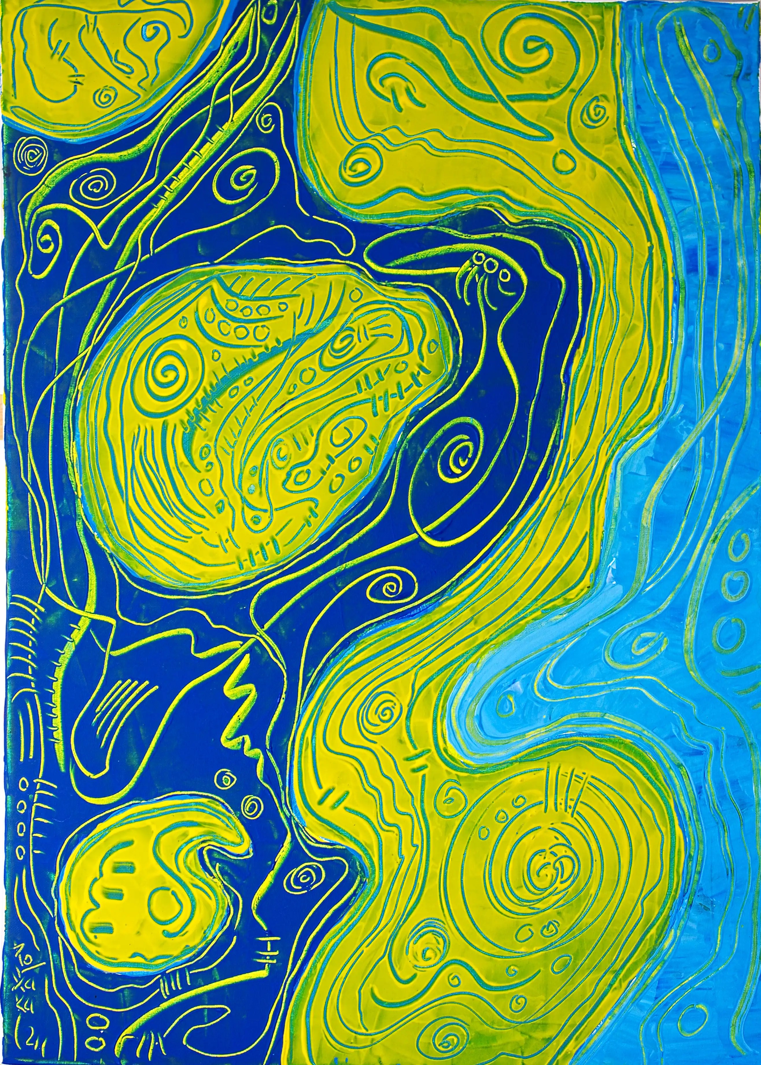 Il s'agit d'une peinture abstraite relaxante. Il y a trois couleurs dans le tableau : le bleu, le bleu clair et le jaune. La composition commence par un cercle jaune dans le coin supérieur, suivi d'une section bleue qui remplit le côté gauche de haut en bas. À l'intérieur de cette section bleue se trouvent deux autres cercles jaunes. La section bleue est suivie d'une bande jaune très incurvée. Enfin, comme la section jaune, la section bleu clair s'étend de haut en bas, complétant ainsi la composition. L'ensemble du tableau est décoré de lignes courbes. 