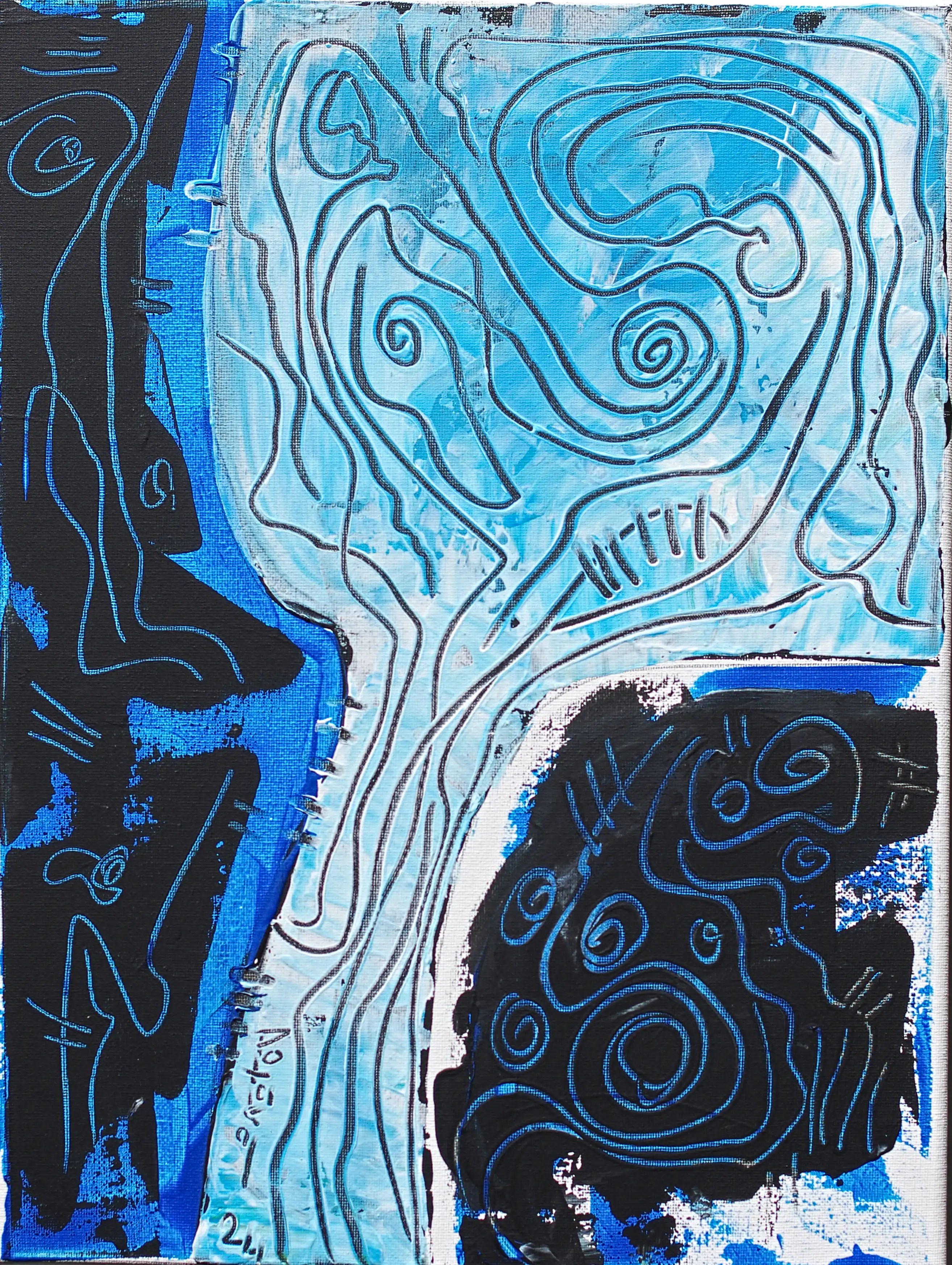 Cette peinture abstraite comporte trois sections de deux couleurs. Il s'agit du bleu foncé et du bleu clair. La première section bleue se trouve sur le côté gauche, la deuxième est la section bleu clair, qui suit une fine bande verticale entre le bleu foncé et le bleu clair. Cette forme commence par une bulle et se termine par un bloc. La troisième, également bleu foncé, remplit le coin inférieur droit avec une section blanche très étroite. Comme dans tous les tableaux que je crée, les espaces inutiles ont été supprimés pour laisser place au mouvement. Ici aussi, les vides sont comblés par des lignes courbes. Une œuvre d'art originale, dynamique et de grande qualité. Pour acheter cette œuvre, choisissez PayPal. Pour acheter par virement bancaire, veuillez me contacter.