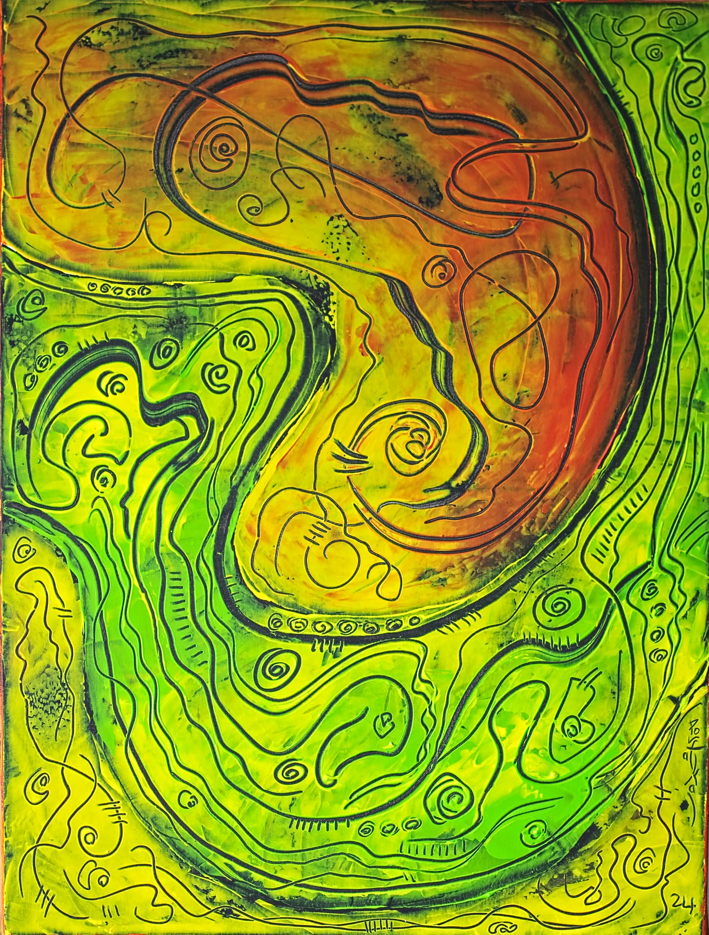 Cette peinture originale de haute qualité comporte trois couleurs : jaune, rouge et vert. La partie rouge commence en haut à gauche du tableau et descend vers le centre. Une extrémité de la partie verte vient de la gauche et l’autre du haut et entoure la partie rouge. La partie jaune part du bas à gauche et s’enroule autour de la partie verte. Toutes les parties de couleurs sont richement décorées de lignes courbes. Investissez maintenant. C'est peut-être la chance de votre vie.