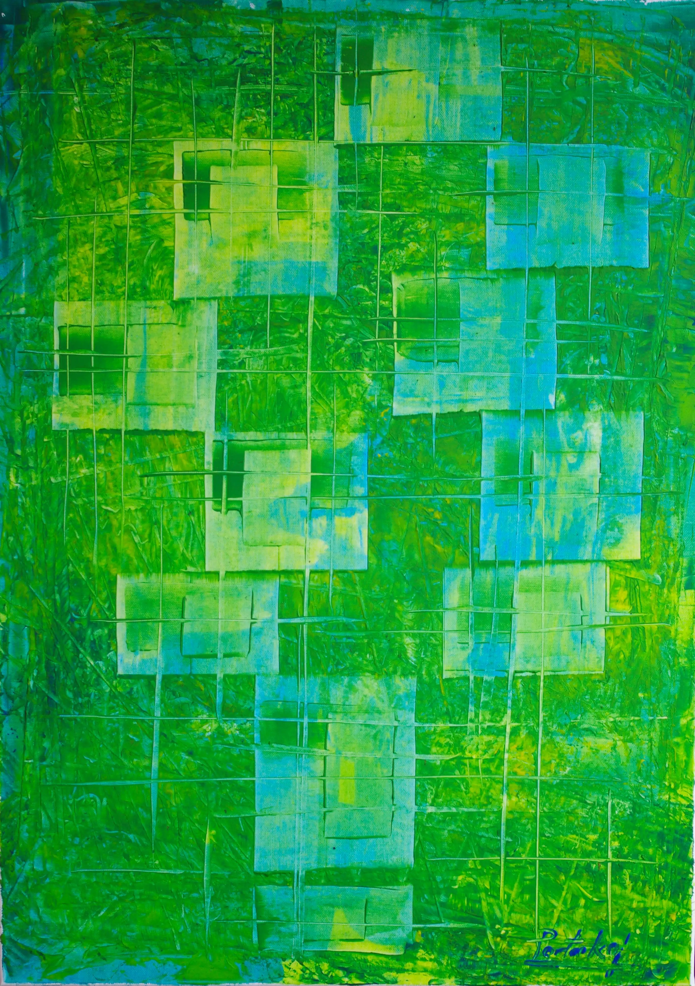 Composé de plusieurs carrés harmonieusement disposés sur un fond texturé, ce tableau présente des variations de la couleur verte avec de petites sections bleues. C’est une œuvre d’art originale, dynamique et de qualité. Achat en toute sécurité. Investissez maintenant.