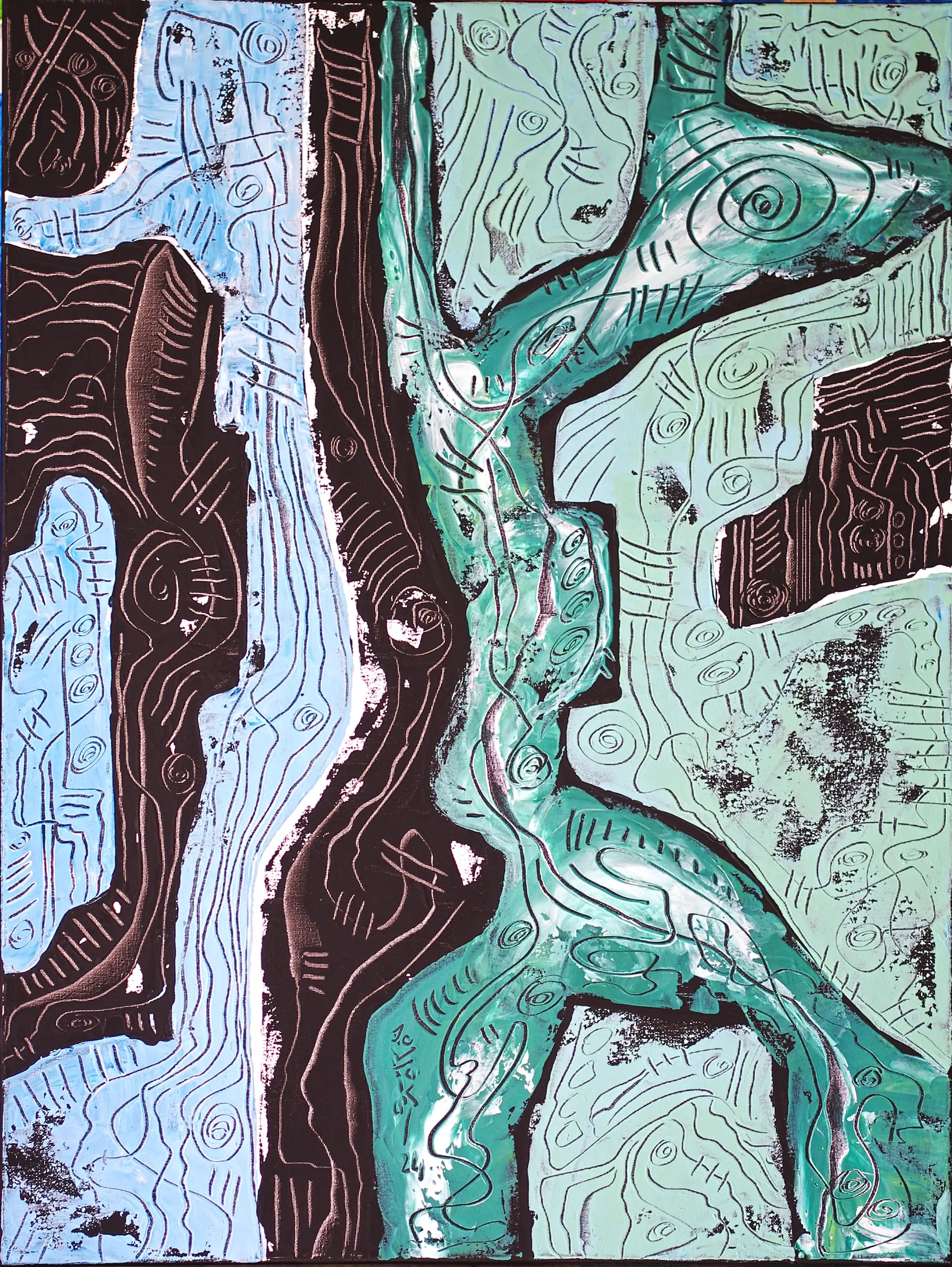 Cette peinture verticale à quatre couleurs (noir, bleu clair, vert et vert clair) comporte des lignes verticales qui la divisent essentiellement en deux parties. La partie gauche est bleue et noire et la partie droite est verte et verte claire. Cela donne l'impression de regarder un diptyque (deux panneaux). Dans la partie gauche, les lignes noires et bleues découpent le tableau de manière ondulée. Dans la partie droite, la ligne verte se « sépare » du reste du tableau, formant deux « Y » réunis par leurs queues. Une tache vert clair et une petite tache noire remplissent le pourtour de ces « Y ».