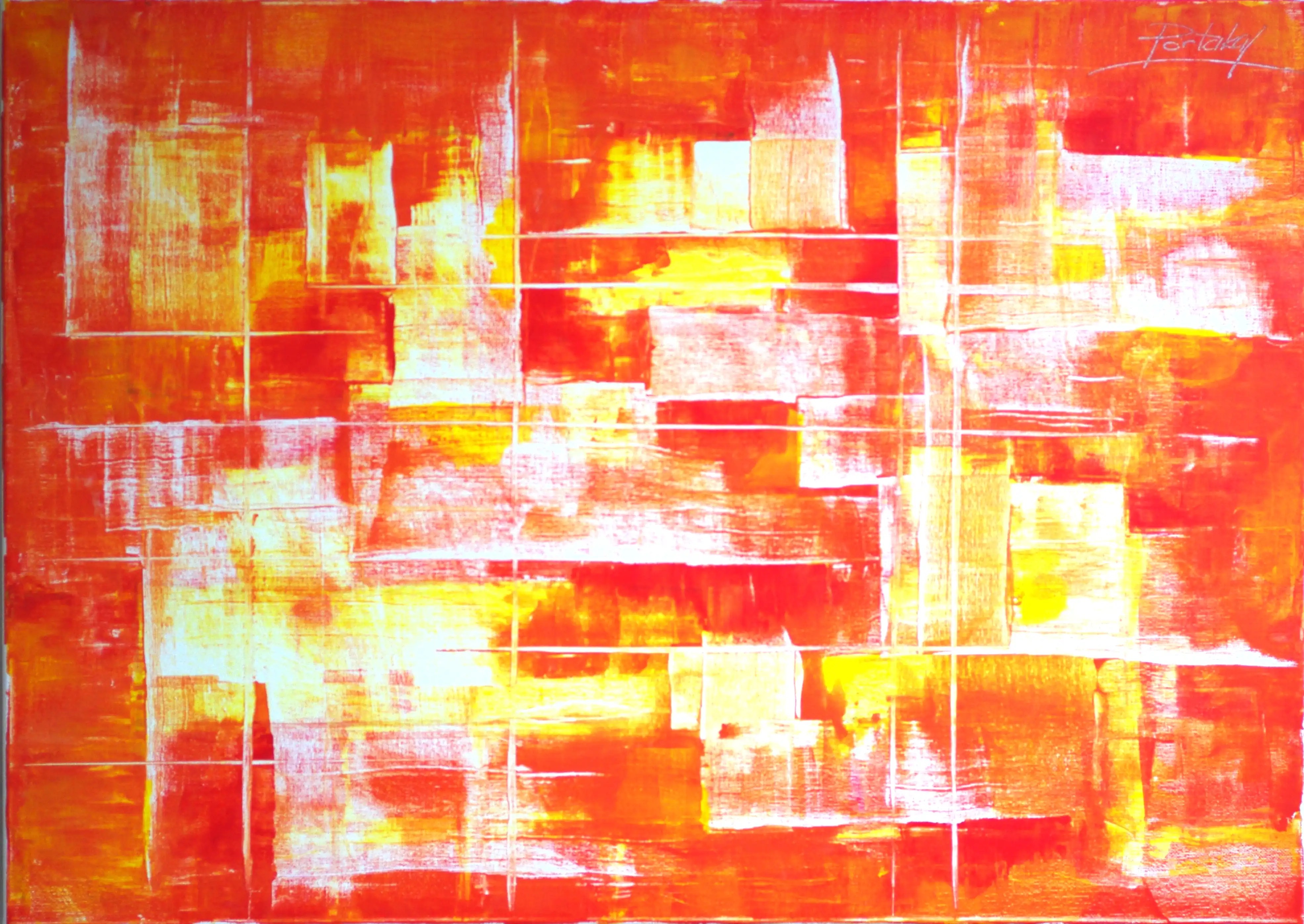 Il s'agit d'une peinture abstraite lumineuse et horizontale. Le tableau est principalement de couleur orange, avec des sections sous forme de carrés jaune clair qui occupent la quasi-totalité de la surface. Achetez cette œuvre originale de qualité en toute sécurité.