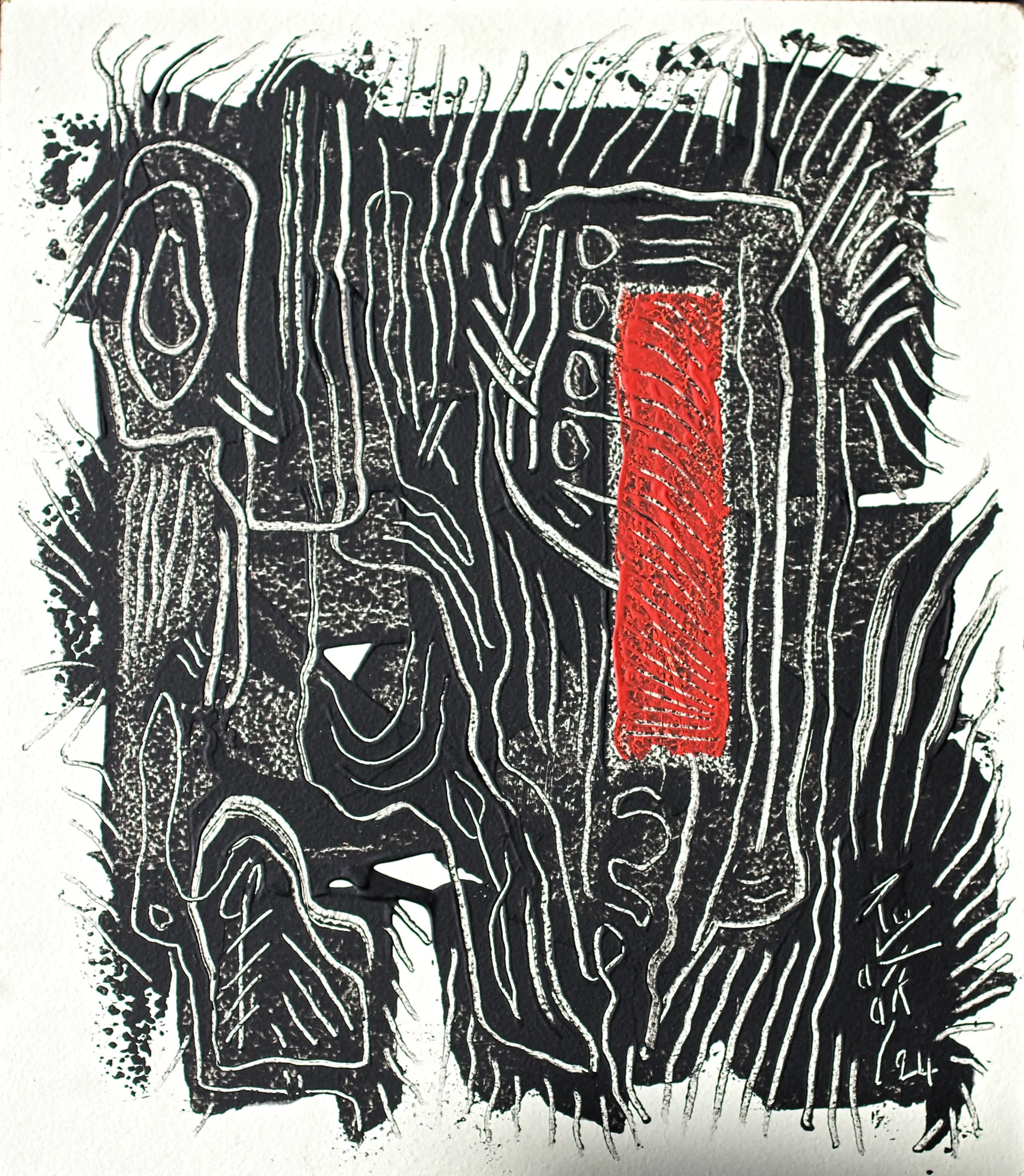 Il s'agit d'une peinture abstraite très originale. Cette peinture presque carrée est réalisée sur bois. La surface blanche du bois est décorée à l'acrylique noir de lignes courbes et entrelacées qui donnent à l'œuvre un aspect indescriptible. Simple et très esthétique. Cette texture, créée uniquement par des lignes, nous fait réévaluer la nature de la peinture abstraite. Et la bande verticale rouge à droite est une touche magique qui complète la beauté de cette œuvre.