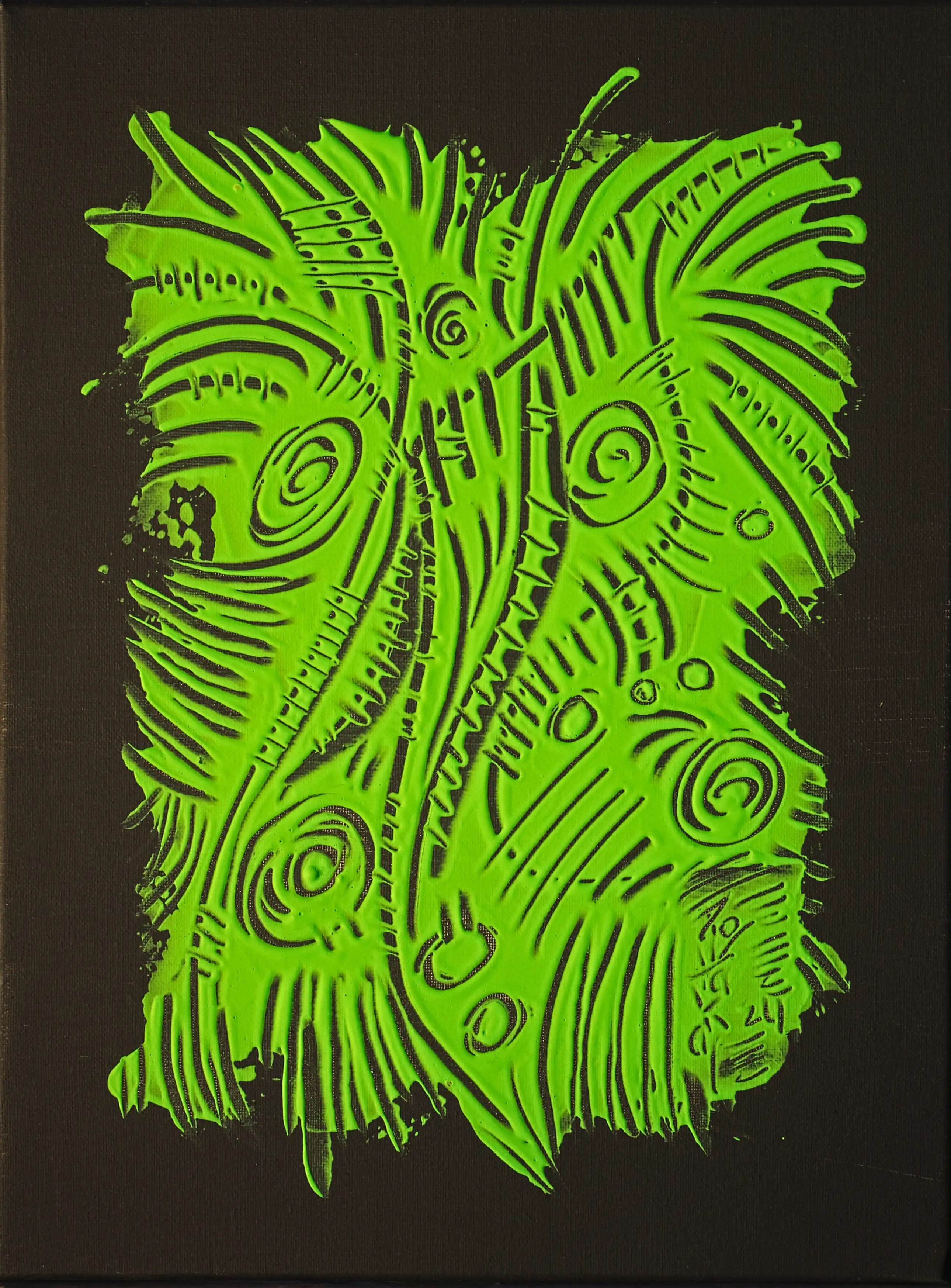 C’est un tableau vertical avec un fond noir et une partie verte décorée de lignes sinueuses au milieu en forme de carré irrégulier. C’est une peinture abstraite moderne, originale et de qualité. Une autre œuvre d'art unique pour décorer avec plus de goût votre maison et bureau. Avec cette œuvre présentez avec fierté votre collection. Enrichissez vos investissements et exposez fièrement votre collection avec mes œuvres d'art abstraites | brutes | originales et de qualité. Achat en toute sécurité. Investissez maintenant.