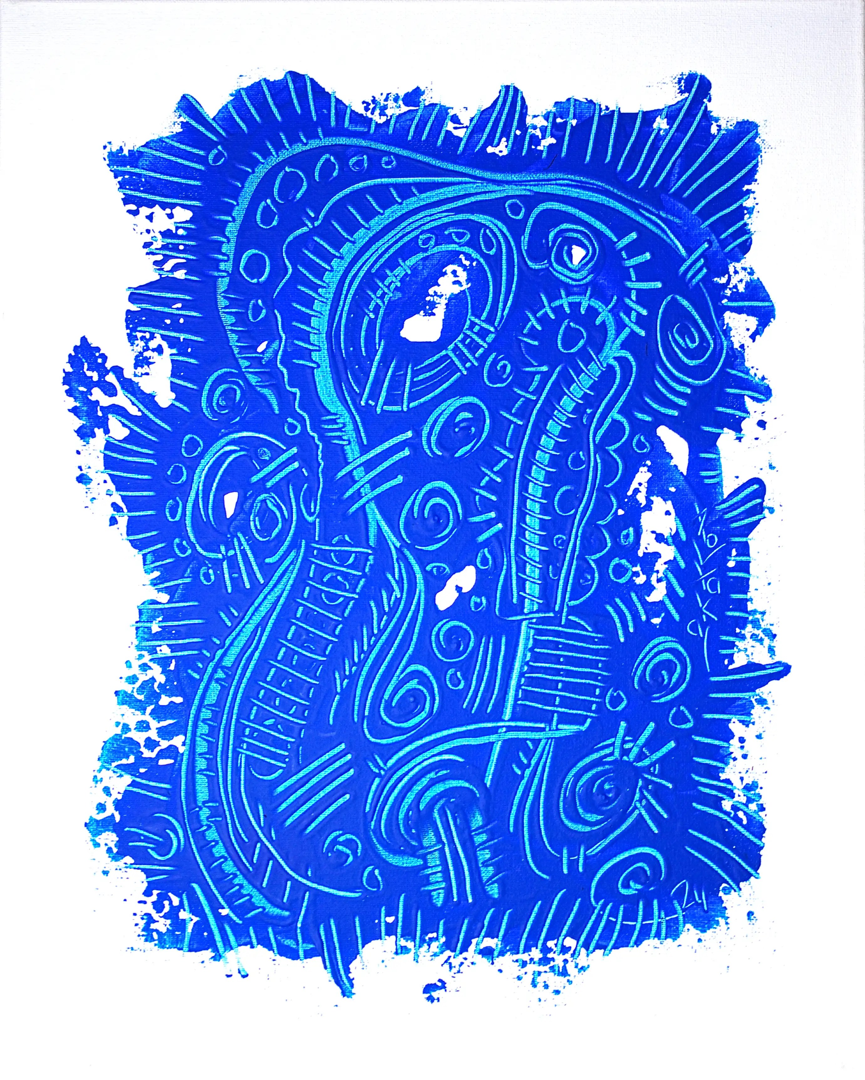 Tableau abstrait vertical avec un fond blanc et une section bleue carrée décorée de lignes courbes. Simple et très particulier. La réincarnation de la tradition séculaire de la dentelle sur toile. Une œuvre originale et de qualité. Achat en toute sécurité.  Pensez à esthétiser votre argent.