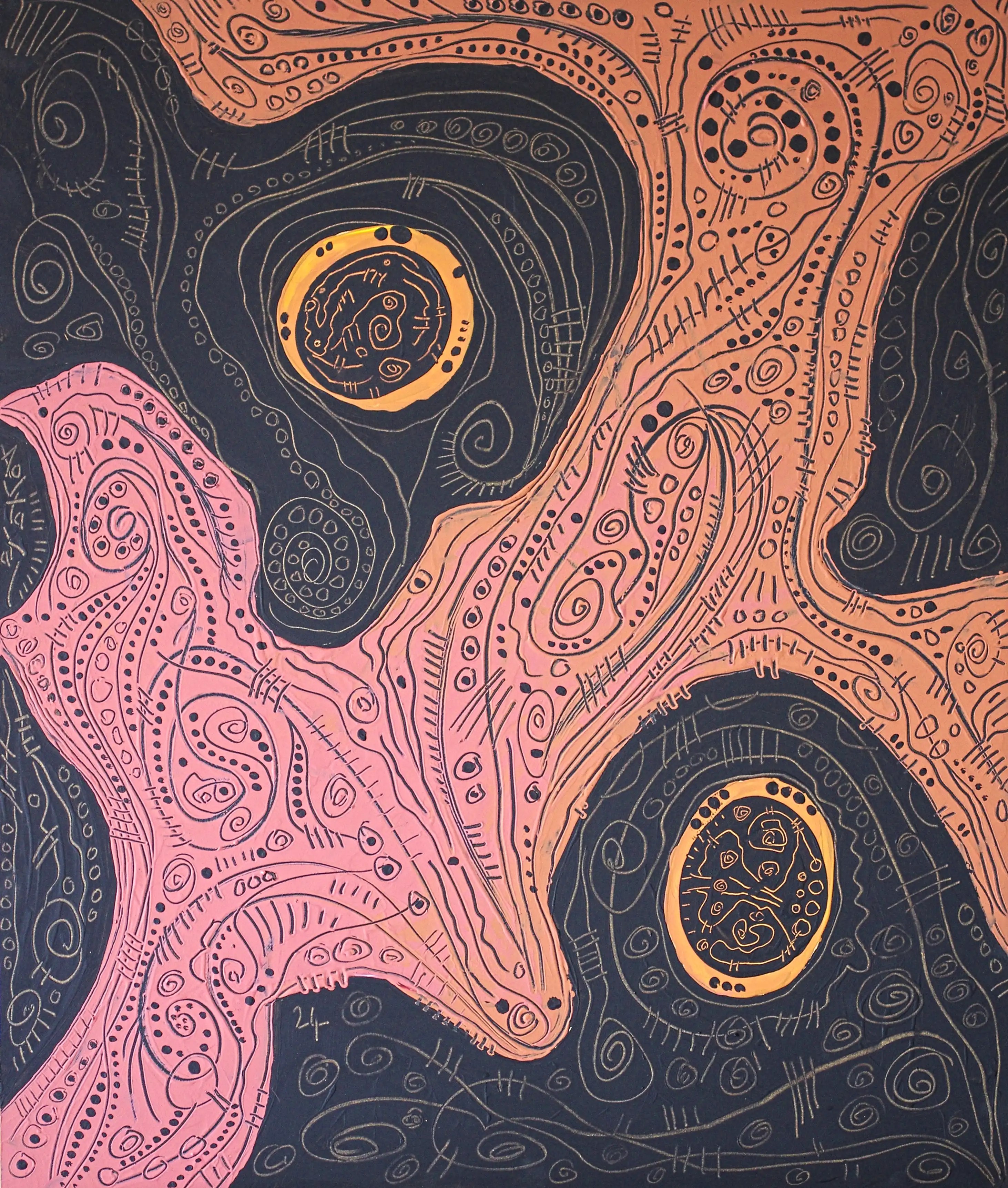 Il s’agit d’une peinture abstraite verticale avec un fond noir (à gauche, à droite et en bas) et une partie brune allant de haut en bas et atteignant partiellement les bords. Il y a deux formes circulaires dans la partie noire à gauche et en bas. C’est une œuvre originale de qualité. Ornez fièrement vos précieux investissements de ma signature distinguée. Esthétisez vos investissements dès maintenant. C'est peut-être l'occasion d'une vie. Osons la singularité !