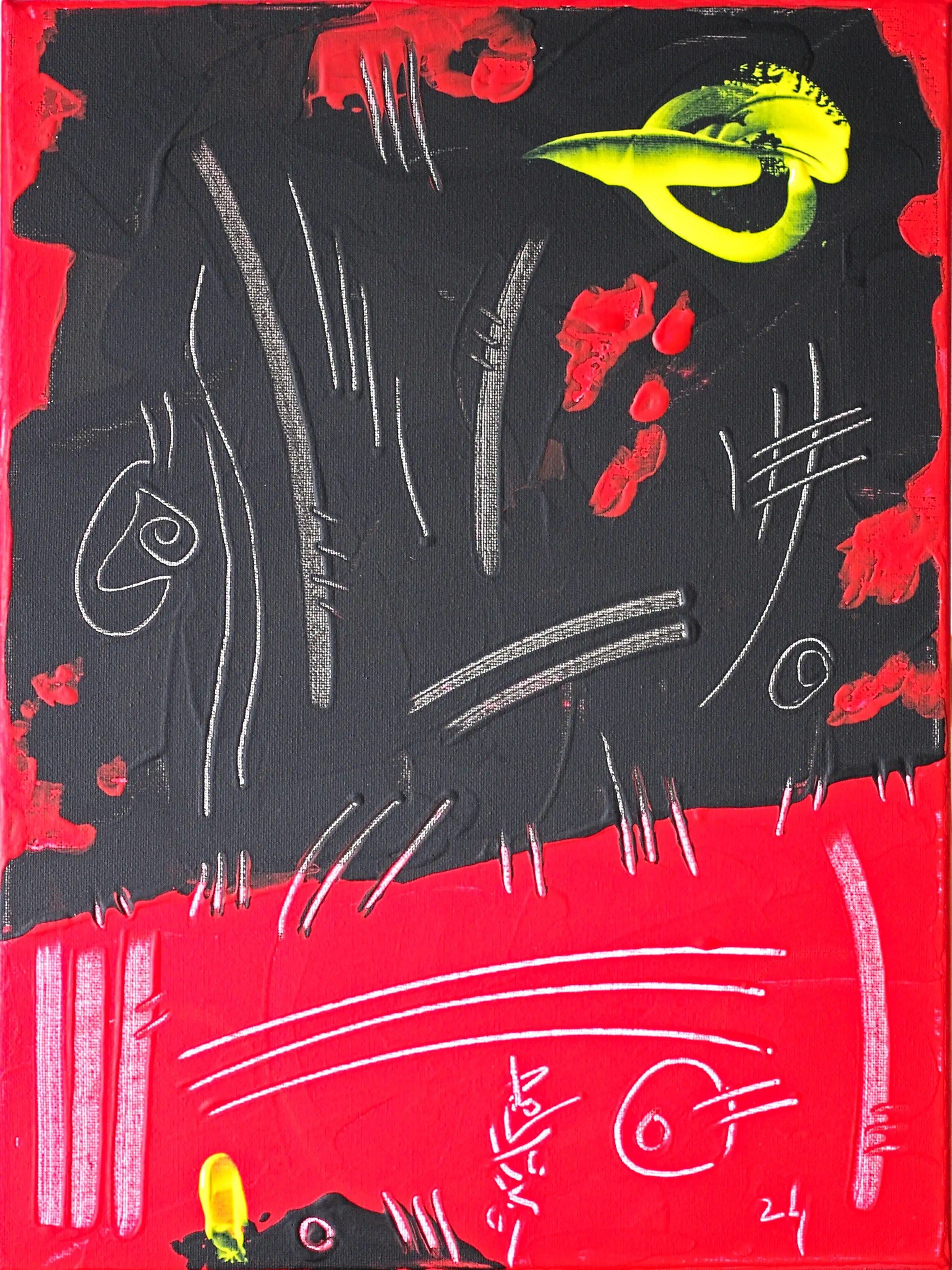 Il s’agit d’une peinture verticale sur toile en trois couleurs : noir, rouge et très peu de jaune. La partie supérieure est noire et, à partir du centre, le tableau est rouge. L’ensemble du tableau est décoré de lignes courbes. Une œuvre d'art très originale, de grande qualité et très innovante. Pour ceux qui préfèrent le mouvement dans la peinture. Ornez fièrement vos précieux investissements de ma signature distinguée. 