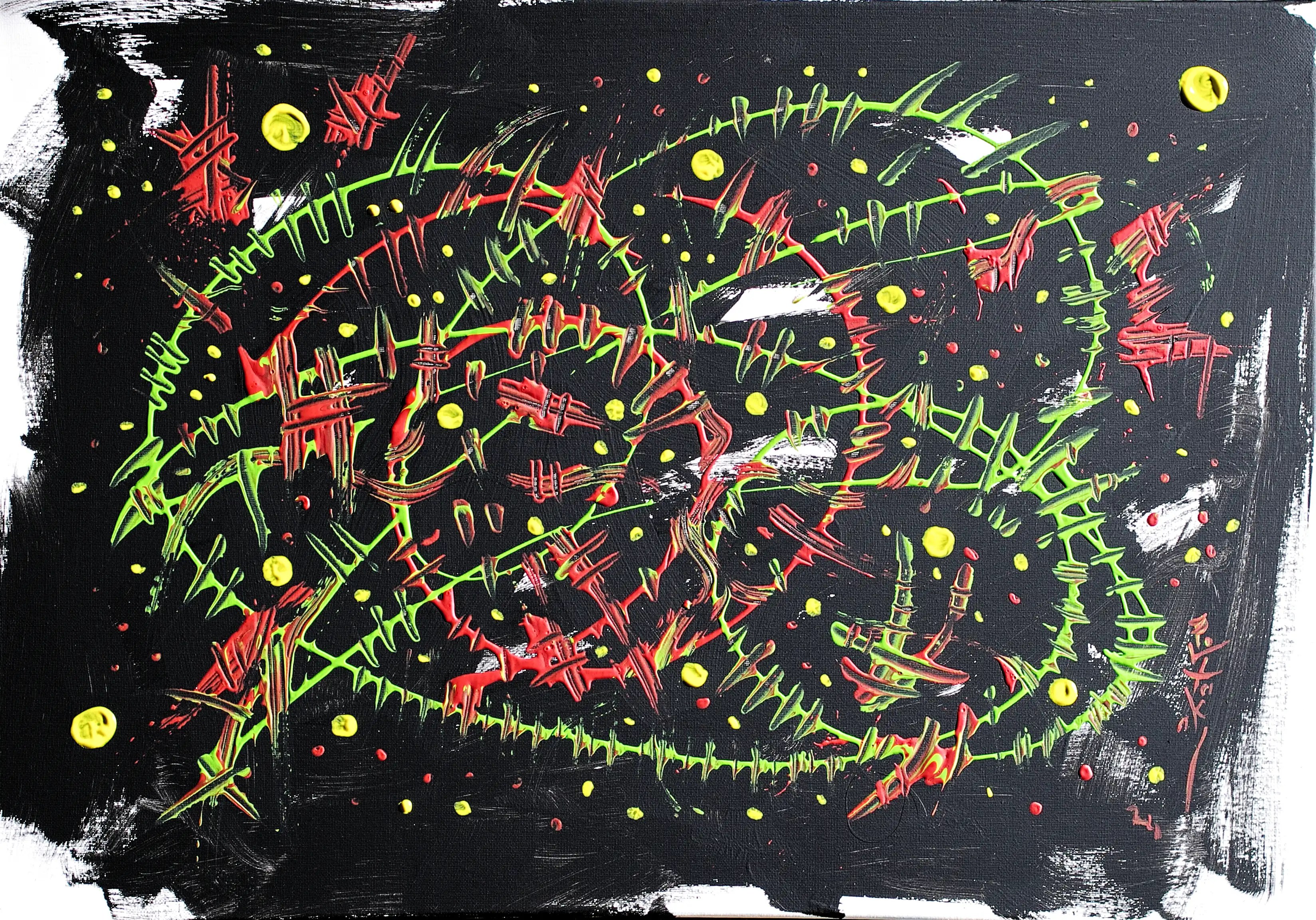 Le fond de cette peinture horizontale sur toile est grossièrement peint en noir (on peut voir la partie vierge de la toile dans les coins). Au-dessus du noir, au centre, il y a des spirales vertes et rouges et des points jaunes dispersés dans la composition. C’est une œuvre d’art originale, dynamique et de qualité. Je vous invite à suivre mon travail, qui témoigne d'une rare diversité de créativité, et à vous abonner à ma lettre d'information. Esthétisez votre argent. Investissez maintenant.