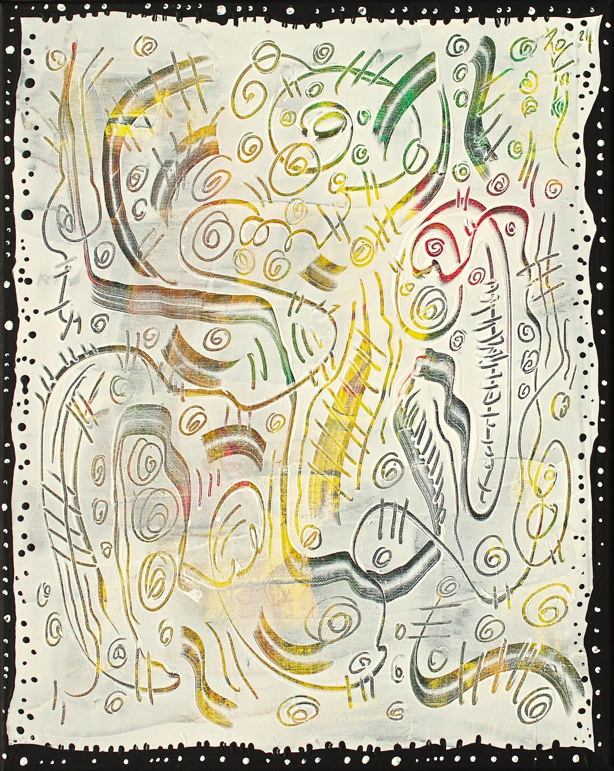 C’est une peinture verticale sur toile avec un fond jaune clair (bordé de noir), décoré de lignes courbes rouges, jaunes, vertes et noires. C’est une œuvre d’art originale, bien dynamique et de qualité. Décorez fièrement vos investissements avec mes œuvres uniques et de qualité qui visent la beauté. Achat en toute sécurité. Esthétisez votre argent.