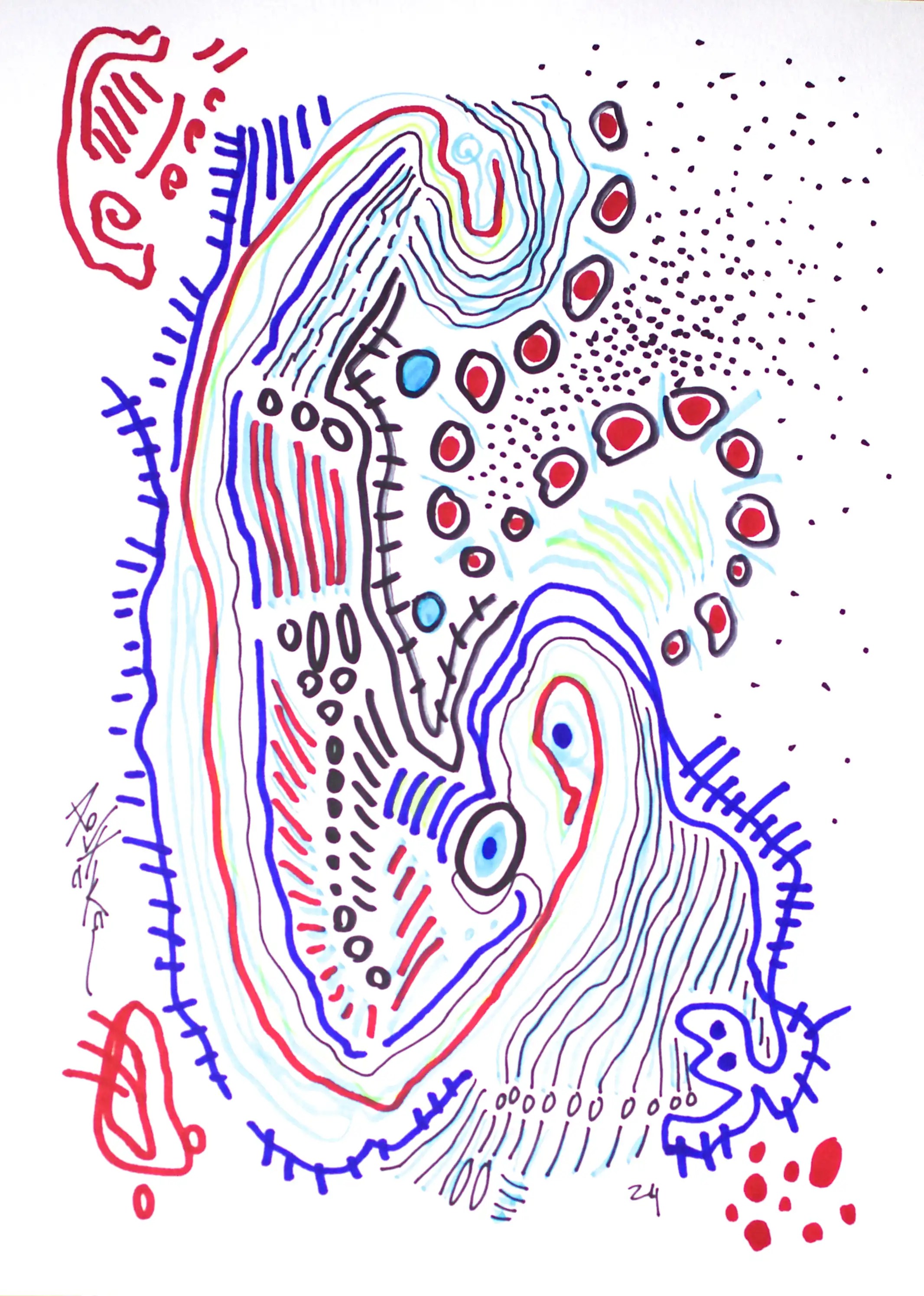 Il s'agit d'un dessin composé principalement de bleu et de rouge. À l'exception de deux petites sections de lignes courbes rouges en haut et en bas à gauche, ce dessin présente une section très courbée qui remplit la surface. Cette section est constituée de lignes rouges, bleues et noires de différentes épaisseurs. Je vous invite à suivre mon travail, qui témoigne d'une rare diversité de créativité, et à vous abonner à ma lettre d'information.