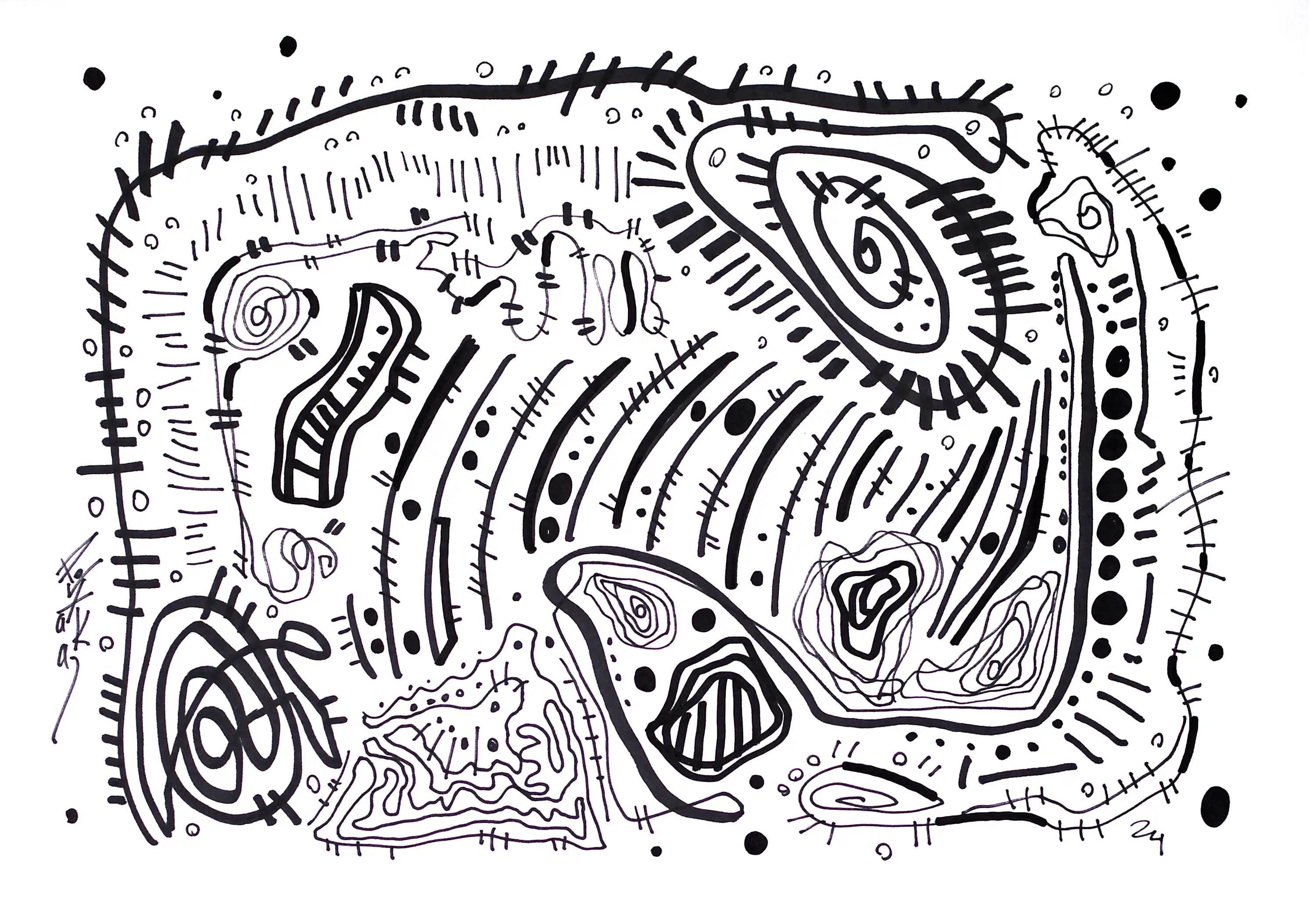 Il s'agit d'un dessin original et contemporain au marqueur noir en un seul bloc. Il s'agit d'un dessin très complexe et très beau. La composition est faite de nombreuses lignes de différentes épaisseurs, dont la plupart sont courbes, ce qui donne au dessin une impression de mouvement très dynamique. Il s'agit d'une œuvre d'art moderne et exceptionnelle de la plus haute qualité. Entre vos mains, ce cadeau unique et précieux du génie créatif peut devenir un souvenir inoubliable pour vos proches. Achat en toute sécurité. Esthétisez votre argent.