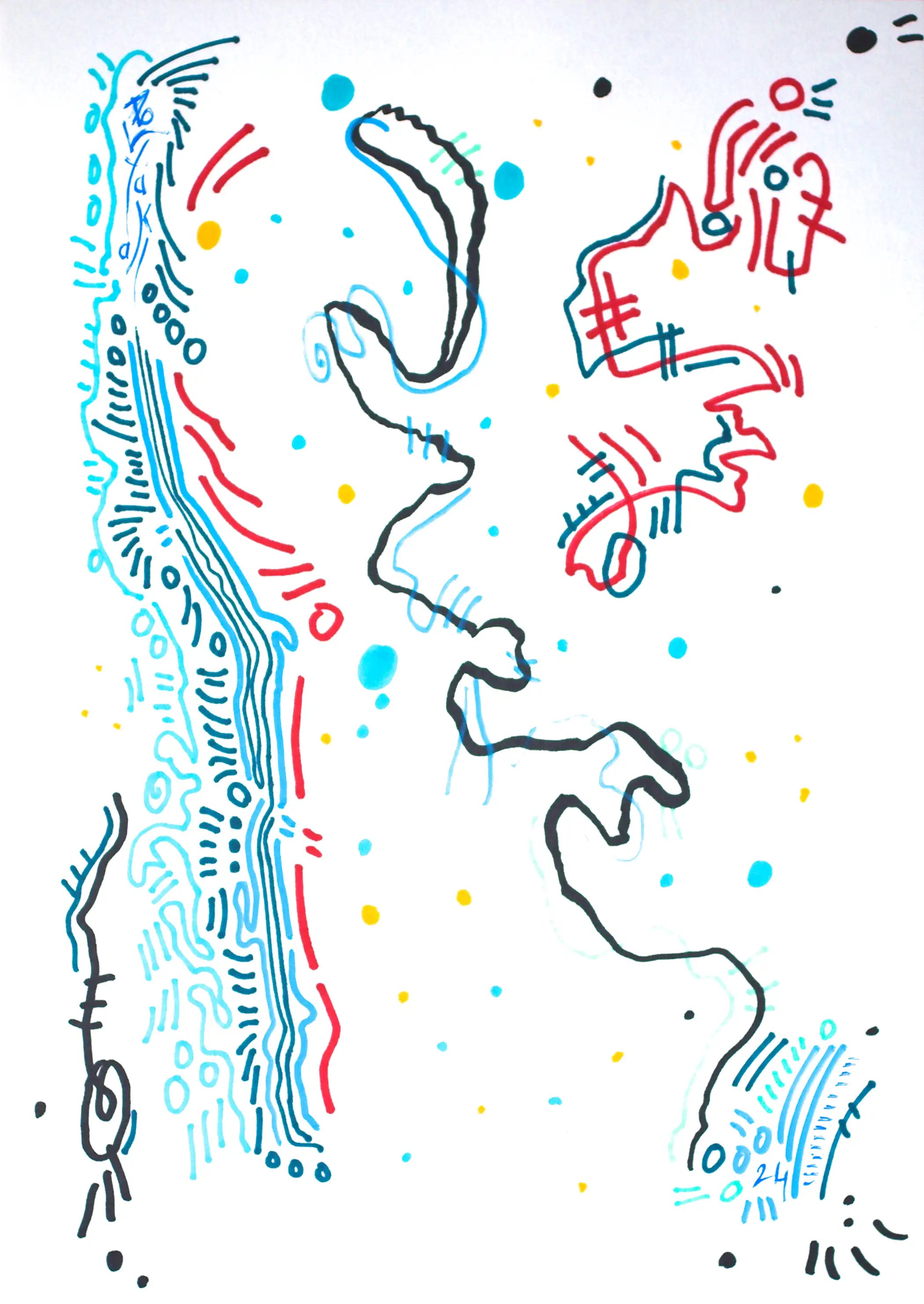 Sur le côté gauche se trouve un bloc vertical de lignes bleues et rouges relativement droites. Au bas de ce bloc se trouve une ligne noire verticale sur laquelle figure un cercle. Le deuxième bloc est une ligne noire verticale et ondulée qui coupe la surface verticalement et se déplace légèrement vers la droite. Au bas de cette ligne se trouve un petit bloc bleu. Le troisième bloc, de couleur rouge, se trouve en haut à droite. Investissez maintenant. C'est peut-être la chance de votre vie.
