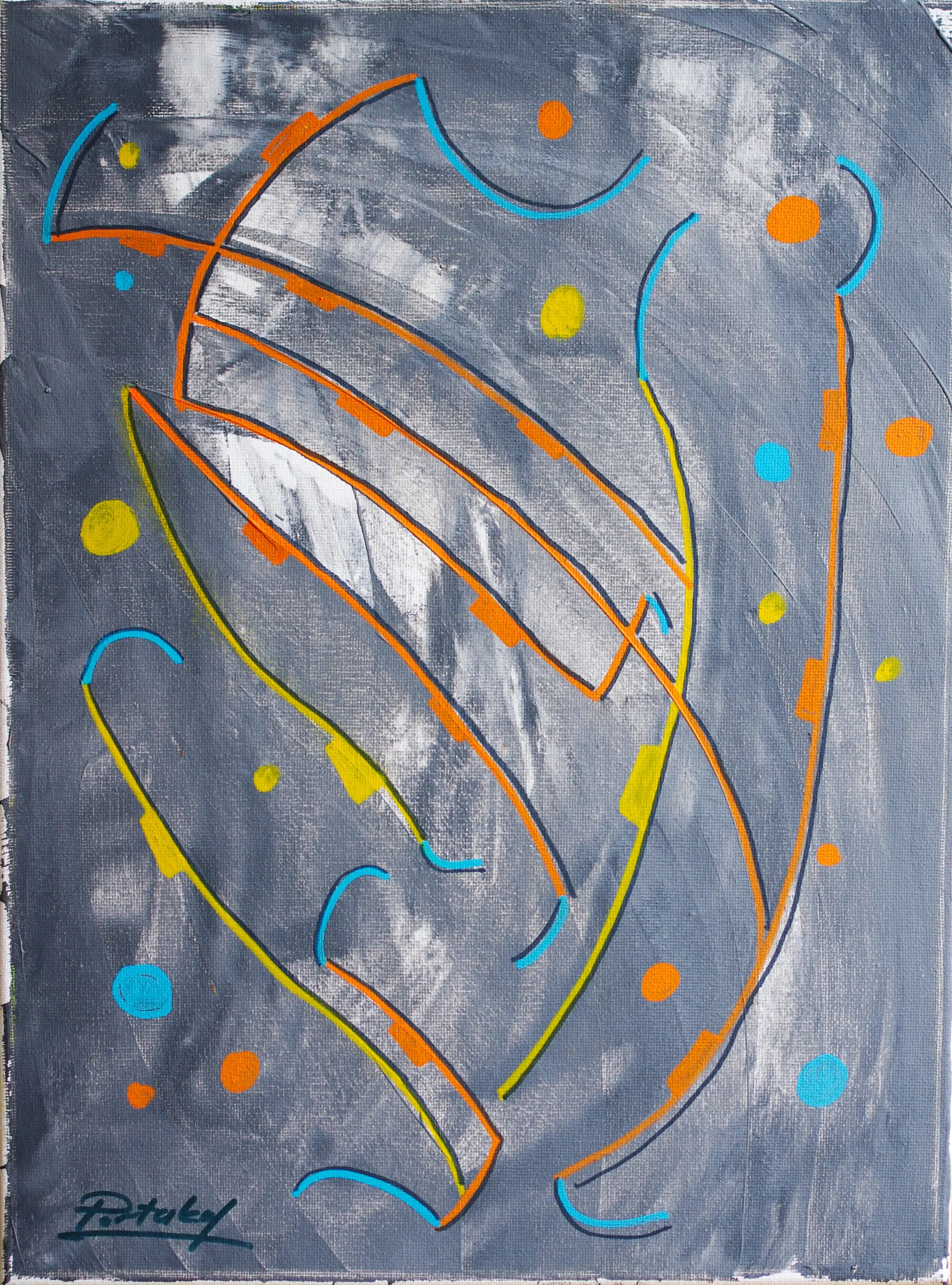 Il s'agit d'une impressionnante peinture abstraite. Le fond est gris avec des zones blanches. Sur ce fond, créé avec de la peinture appliquée grossièrement, il y a des lignes courbes et des points en trois couleurs : bleu, orange et jaune. Ces lignes élégantes ont été tracées à la craie. 