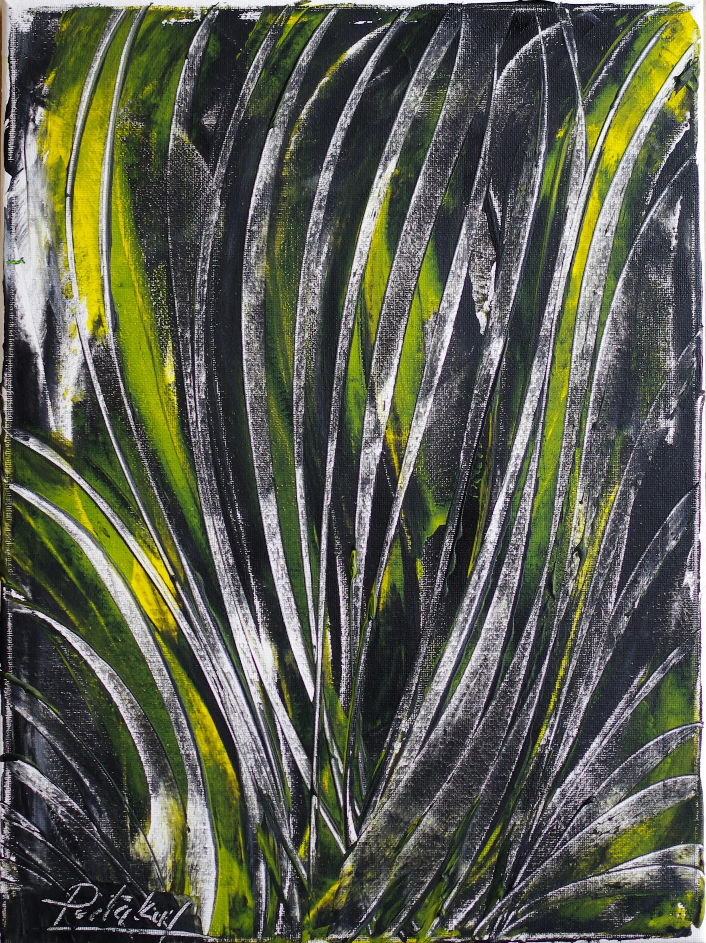 Une œuvre d'art très originale, dynamique et de grande qualité. Le mouvement est créé en grattant la peinture du bas vers le haut et en l'étalant sur toute la surface. Cet effet dynamique superposé, créé de manière simple grâce à des années d'expérience artistique, confère à cette œuvre une originalité unique. 