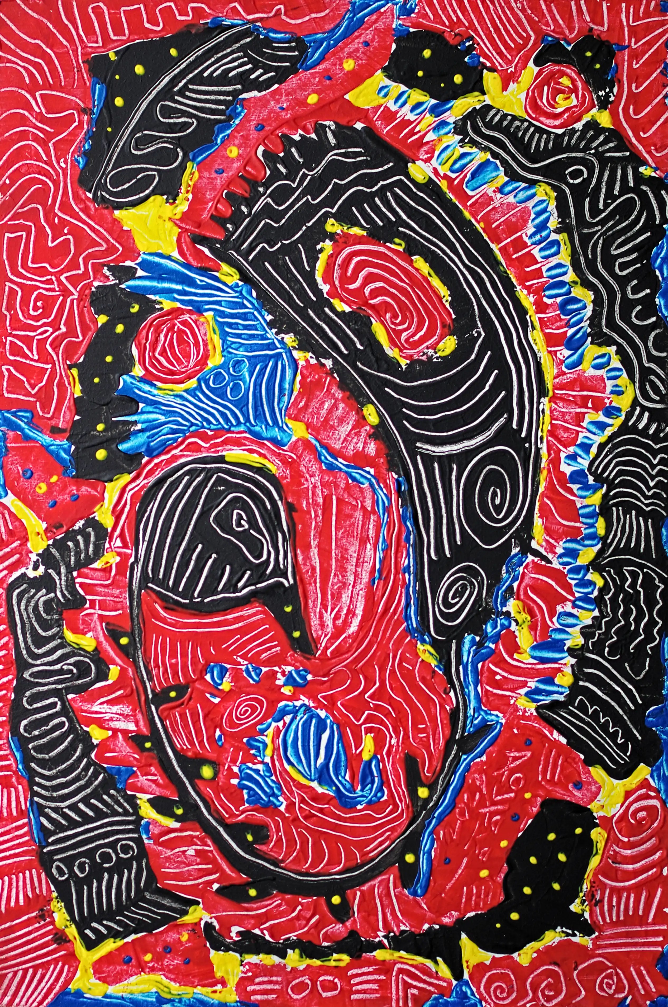 Cette peinture sur bois se compose de petites sections bleues et jaunes avec une prédominance de rouge et de noir. Toutes les sections sont richement décorées de lignes courbes complexes. C’est une œuvre d’art moderne et originale de qualité.