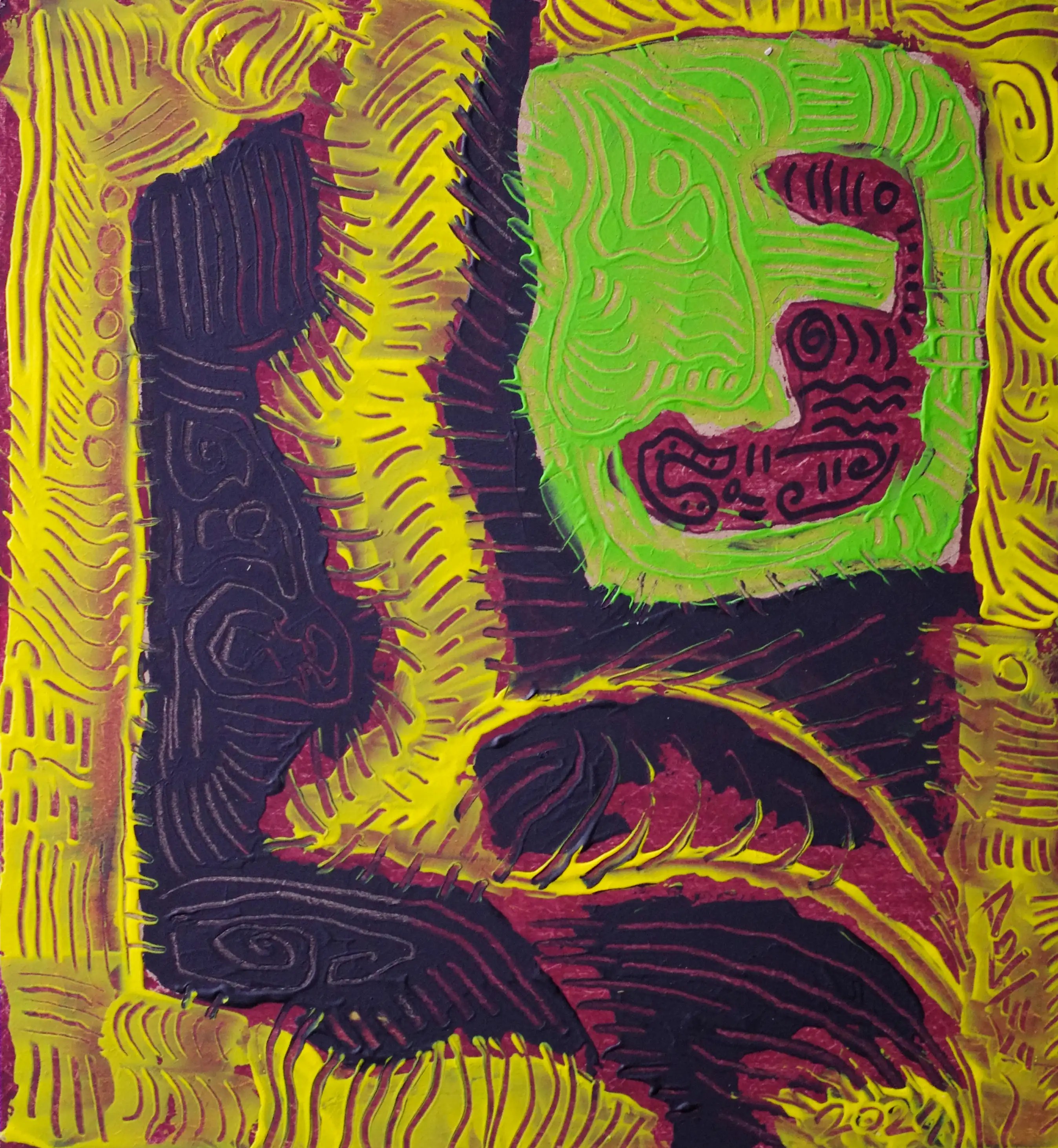Une petite peinture acrylique sur bois, quasiment carrée. Il y a trois sections jaunes ; deux entourent le tableau et une le divise verticalement en deux. En haut à droite, il y a une section verte avec une petite section bordeaux à l'intérieur, qui occupe un tiers de la composition. Le reste de l'arrière-plan est de couleur bordeaux foncé. L'ensemble du tableau est orné de lignes. 