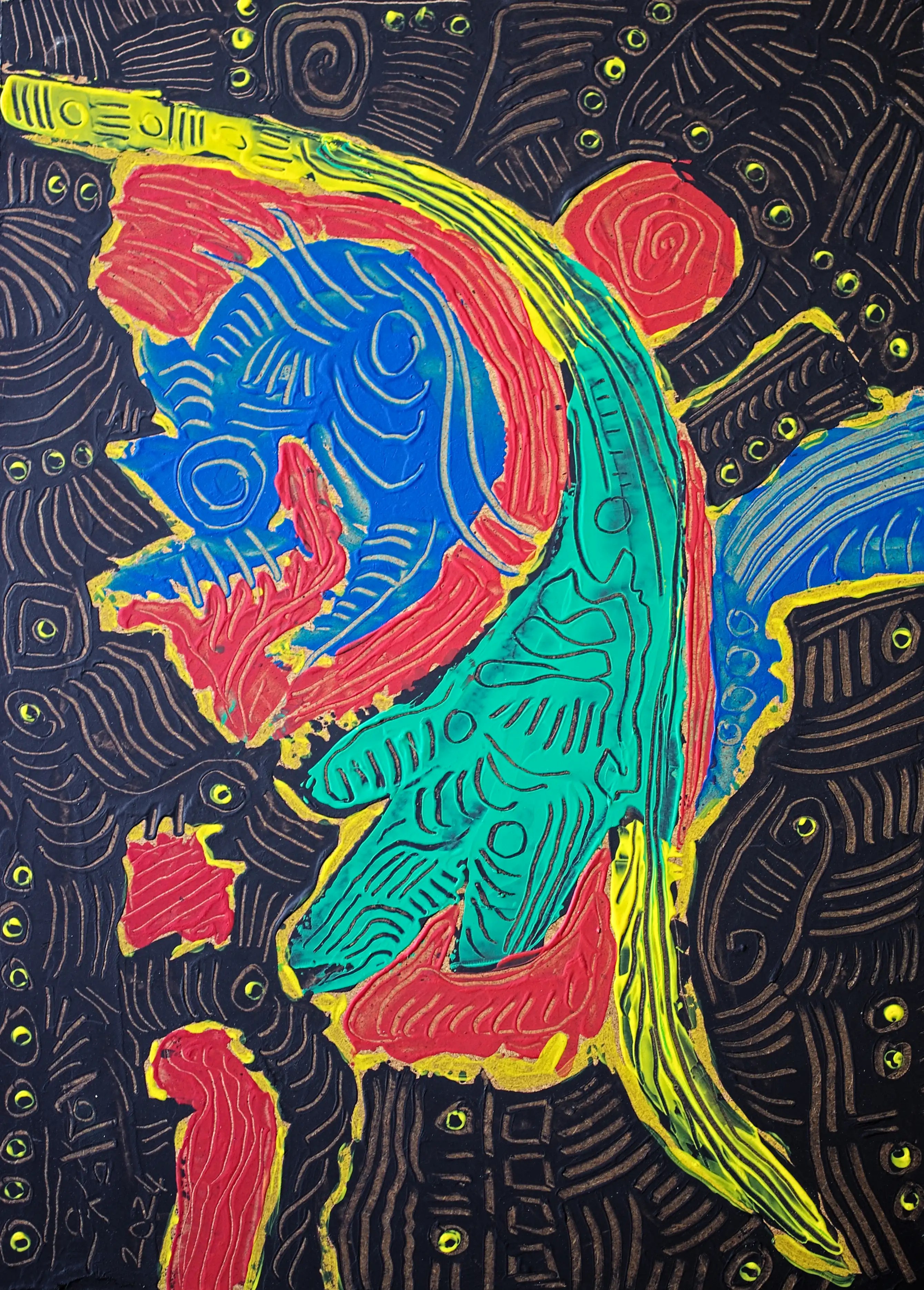 Cette peinture acrylique a une composition légèrement différente. Dans cette œuvre sur bois, la composition consiste en une grande section incurvée qui divise le tableau en diagonale de gauche à droite. Dans cette section, il y a plusieurs autres sections de différentes couleurs : bleu, jaune, rouge et vert. Le reste, le fond, est noir. L'ensemble du tableau est orné de lignes courbes qui donnent à l'œuvre l'aspect d'un relief. 